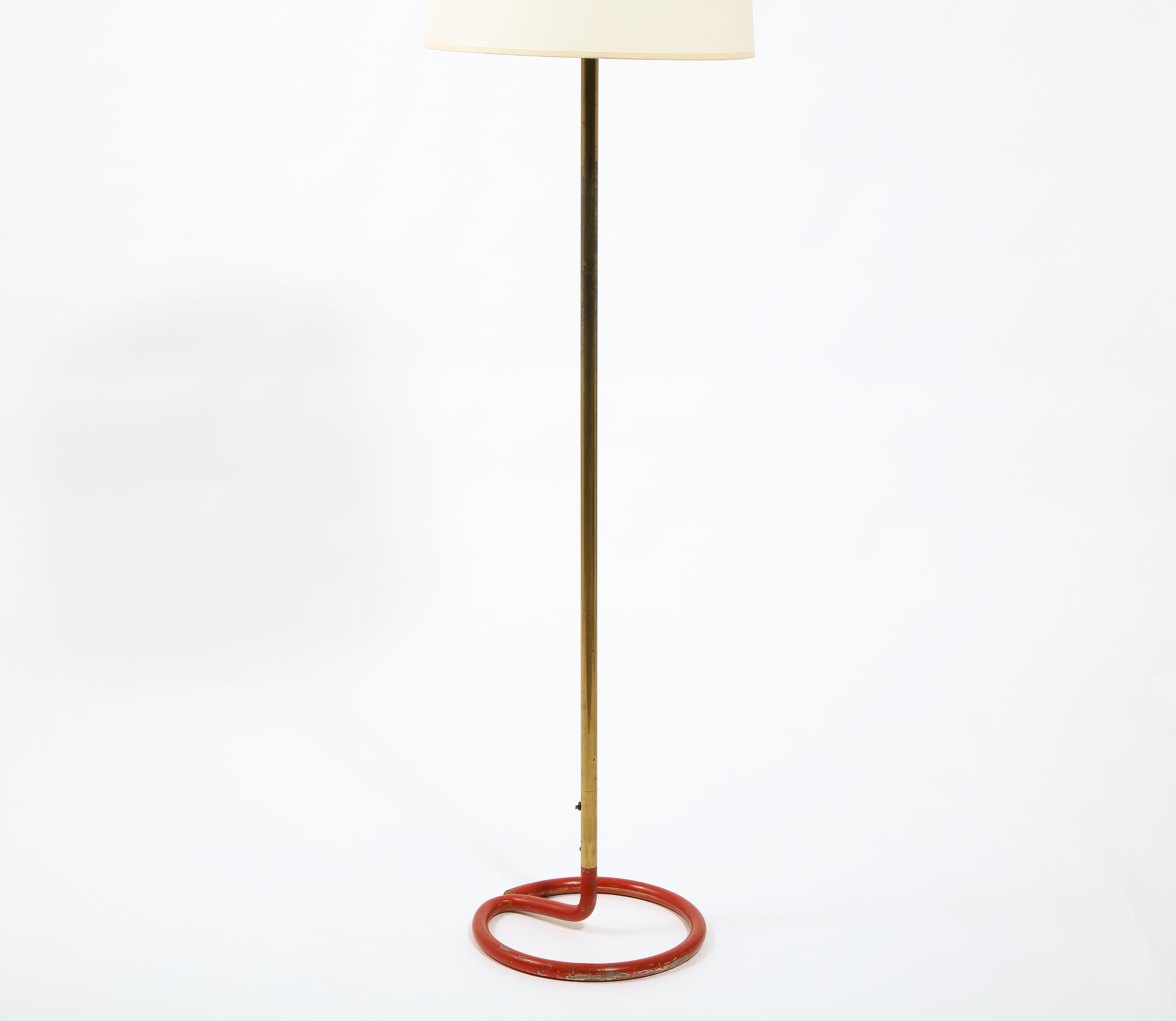 French Red Wrougt Iron and Brass Floor Lamp by Stablet, France 1950's