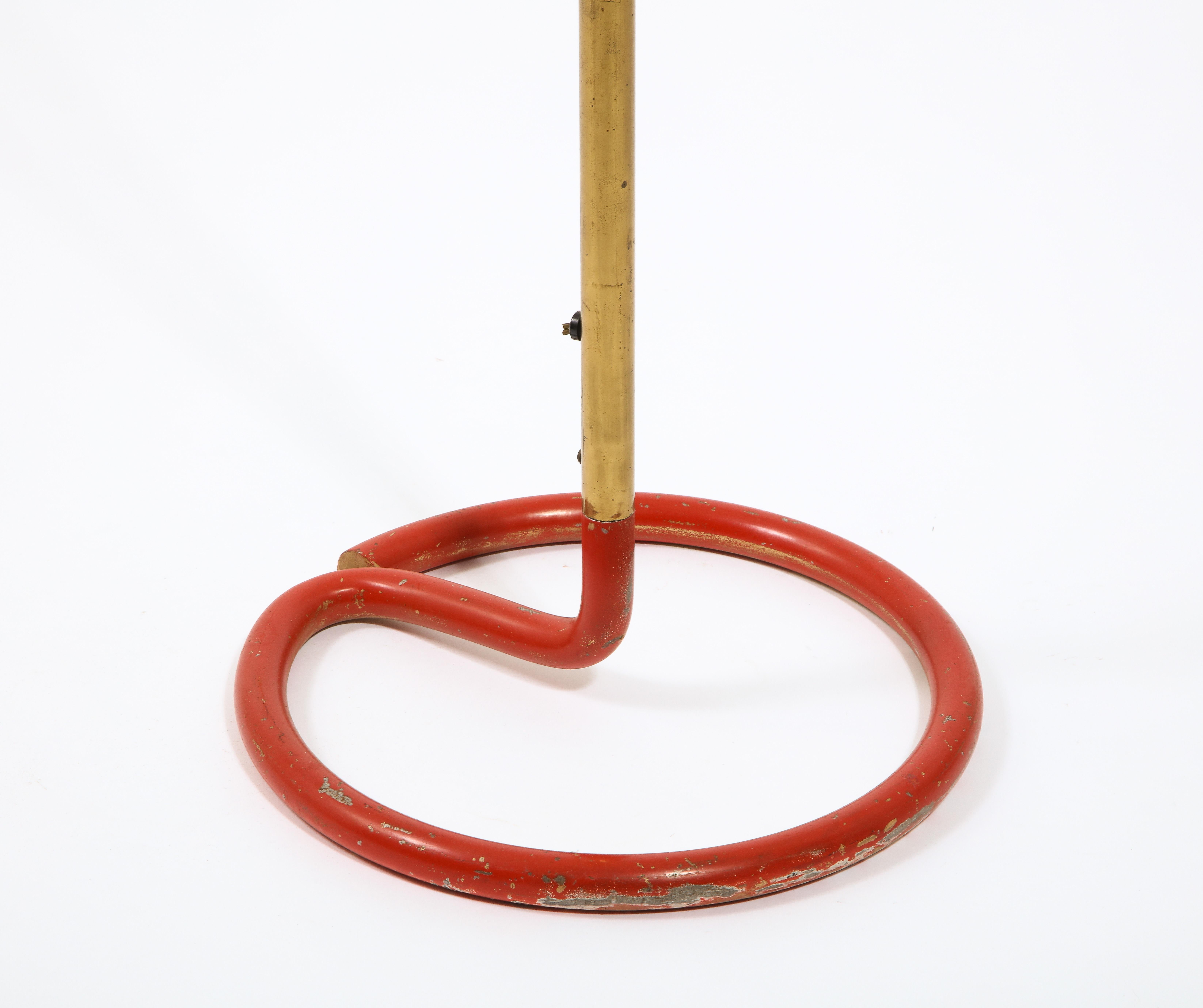 Enameled Red Wrougt Iron and Brass Floor Lamp by Stablet, France 1950's