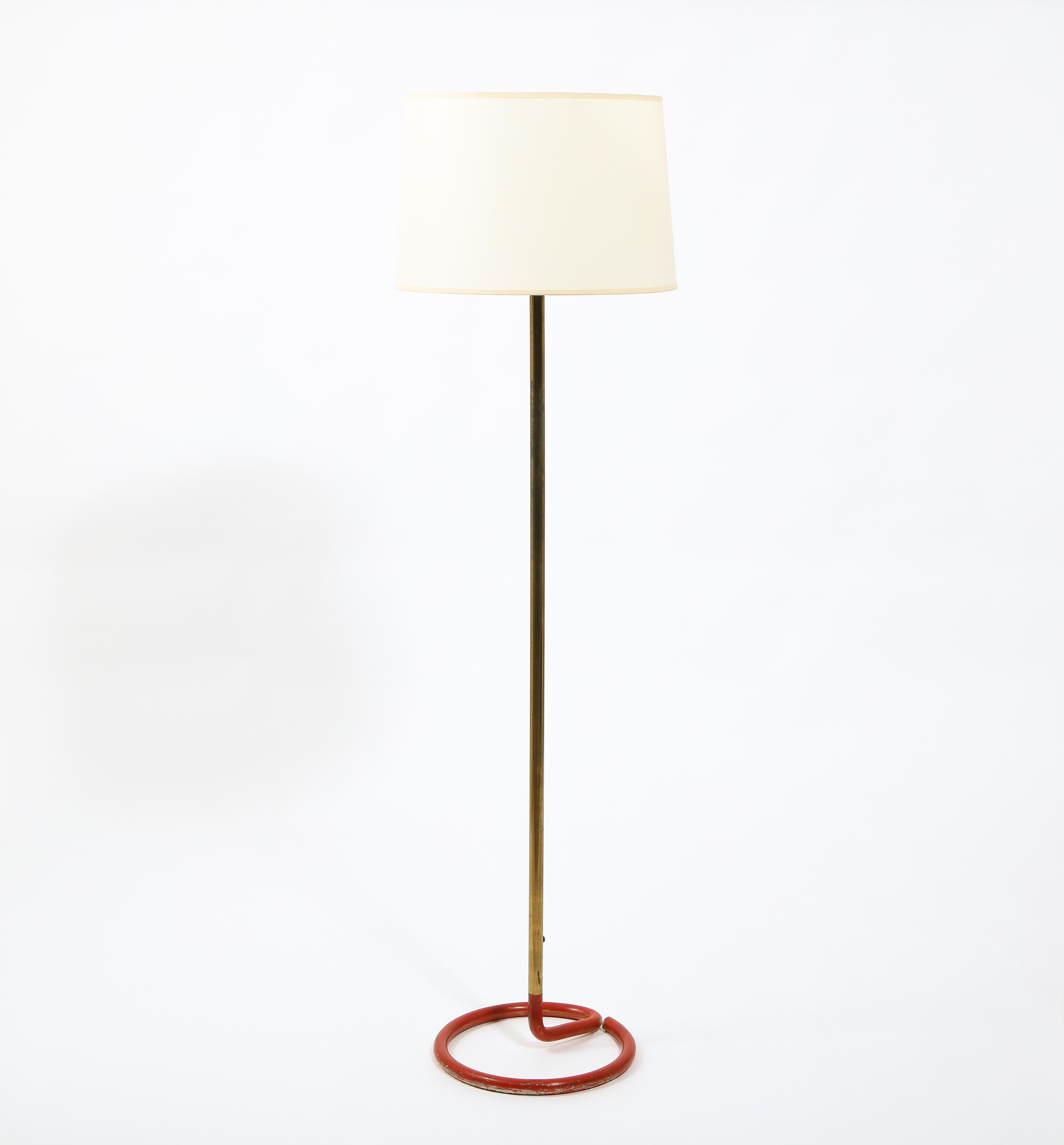 Red Wrougt Iron and Brass Floor Lamp by Stablet, France 1950's 1