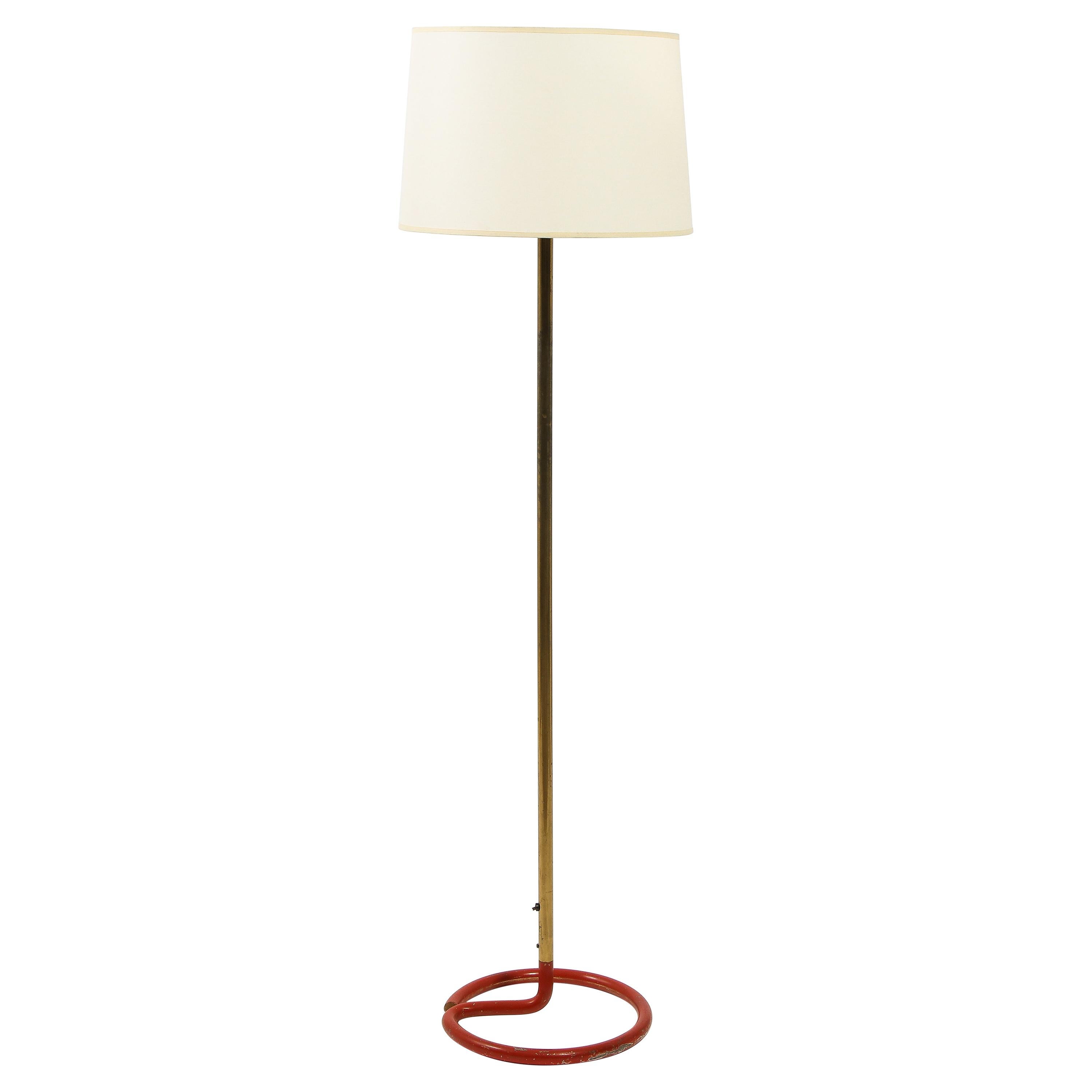 Red Wrougt Iron and Brass Floor Lamp by Stablet, France 1950's