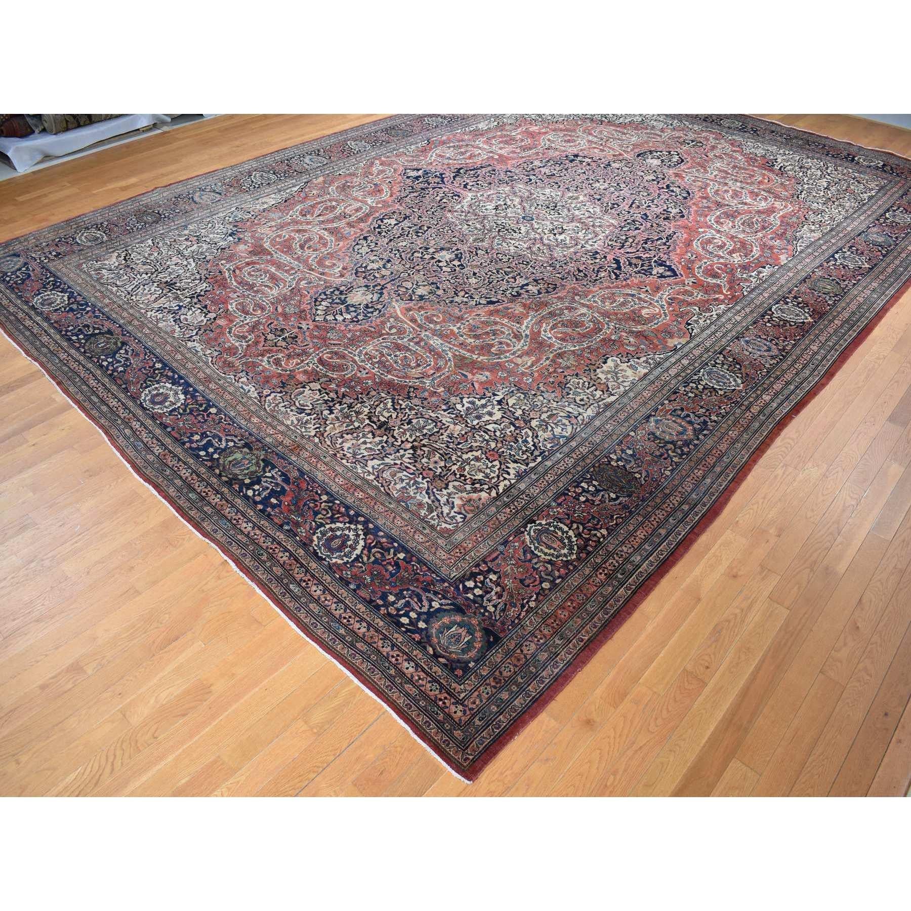 Medieval Red XL Antique Persian Fereghan Sarouk Even Wear Hand Knotted Pure Wool Rug For Sale