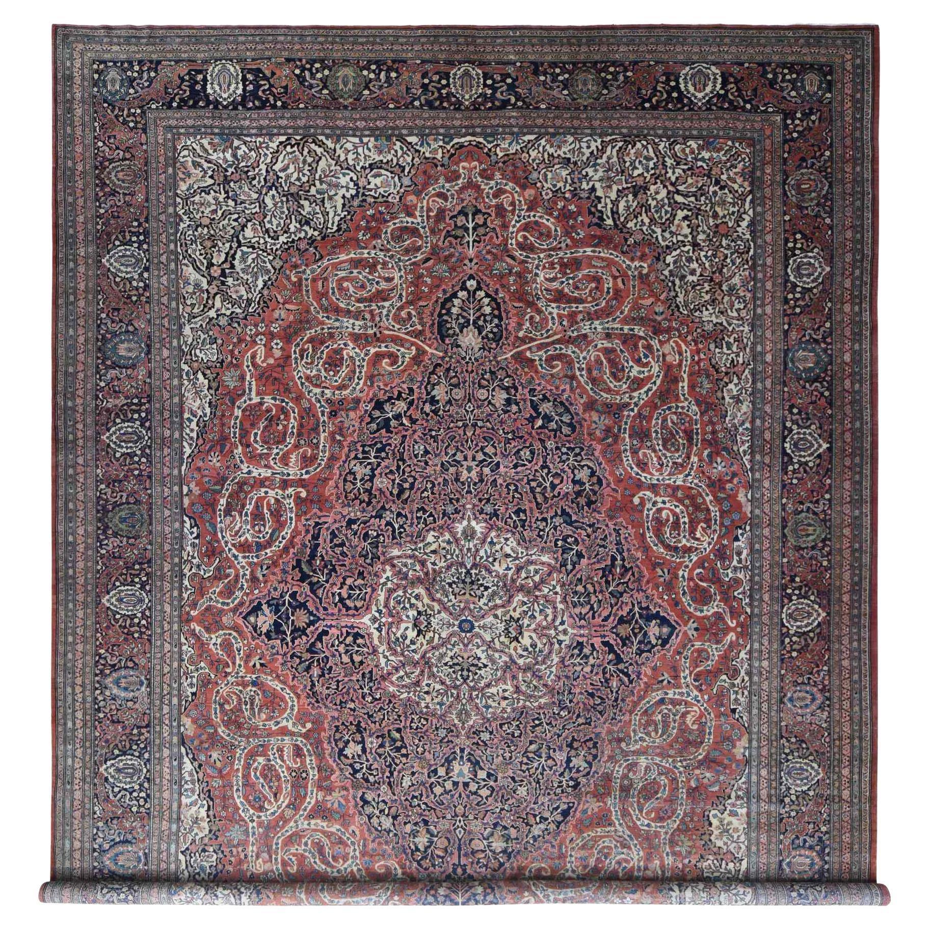 Red XL Antique Persian Fereghan Sarouk Even Wear Hand Knotted Pure Wool Rug For Sale