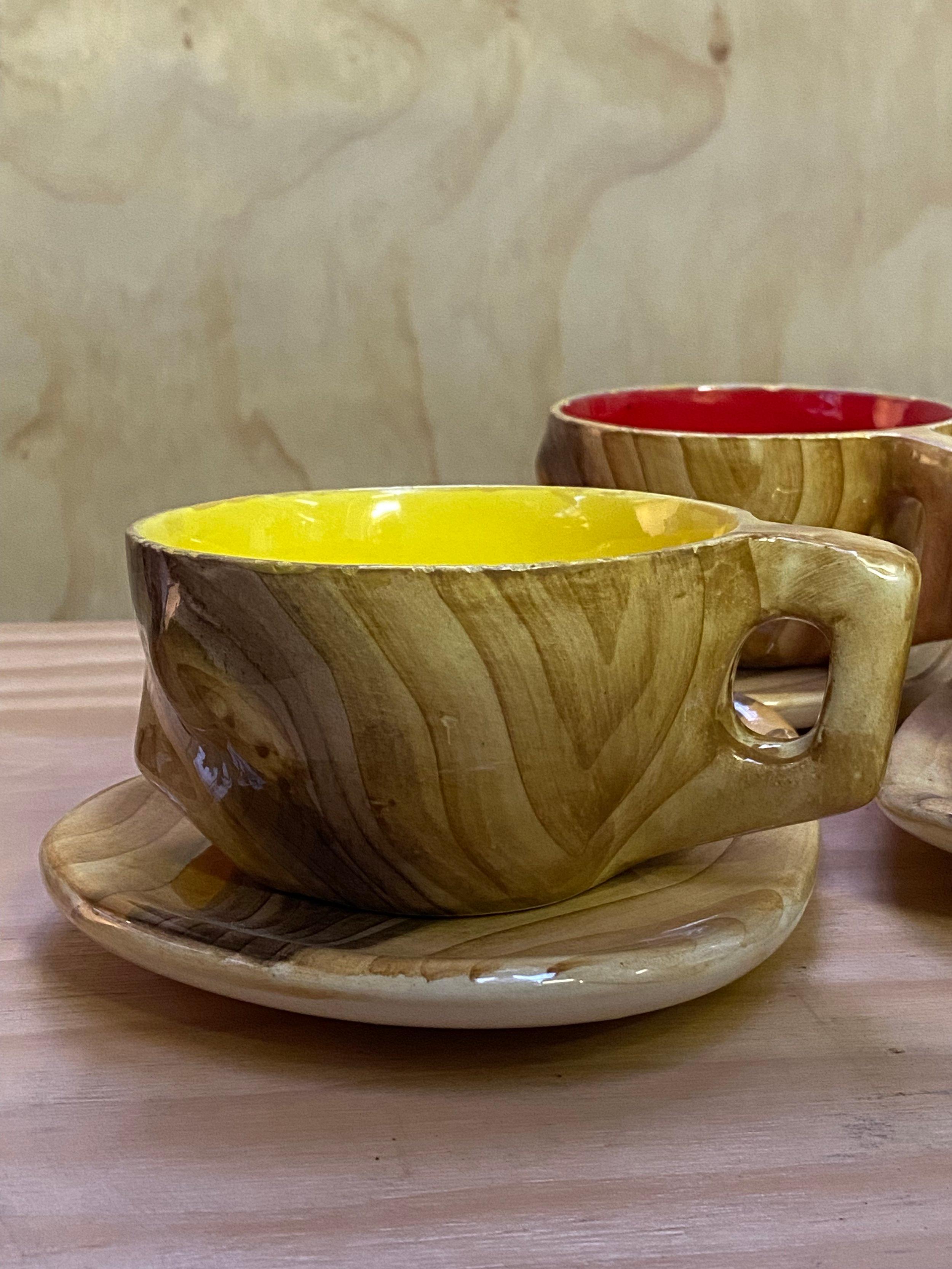 Red Yellow and Orange Faux Bois Cups and Saucers 1950s Grandjean Jourdan For Sale 2