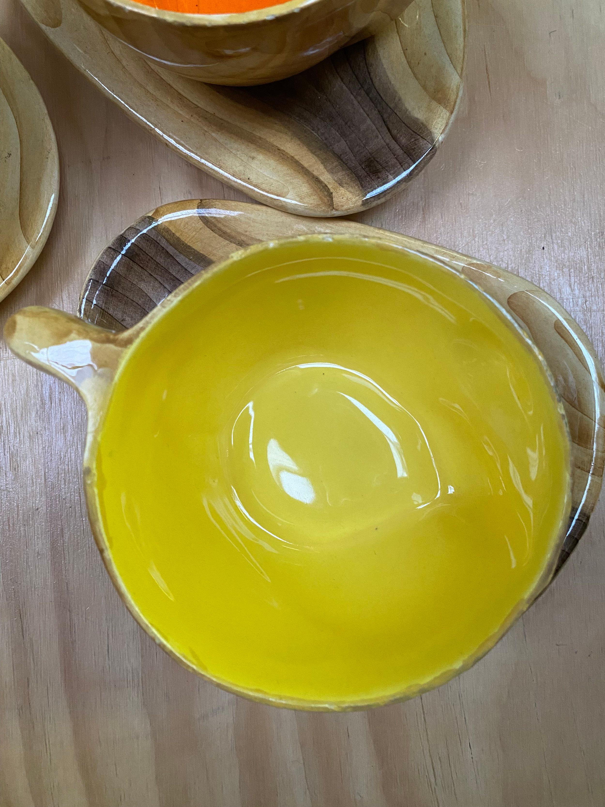 Red Yellow and Orange Faux Bois Cups and Saucers 1950s Grandjean Jourdan For Sale 3