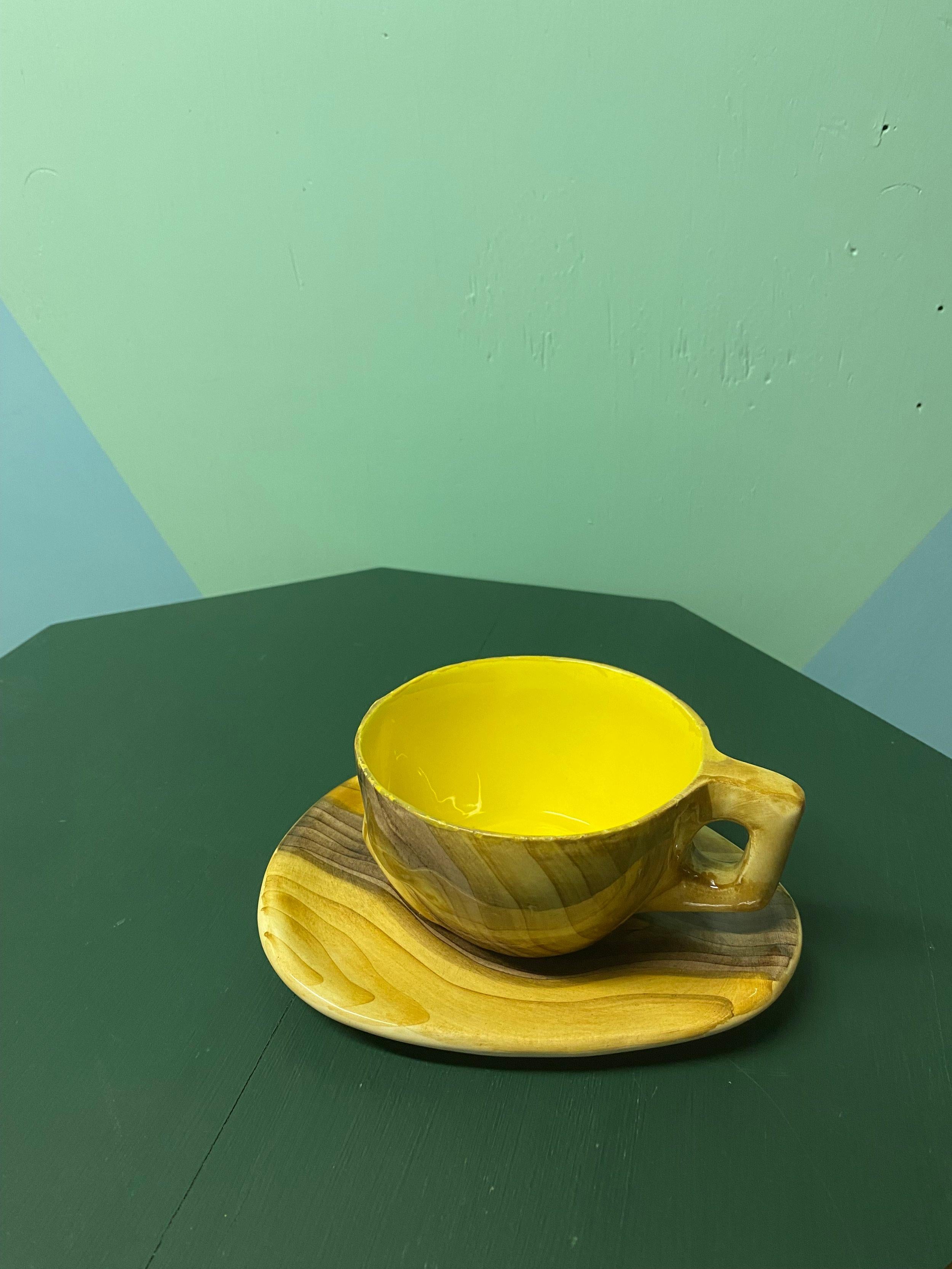 Mid-Century Modern Red Yellow and Orange Faux Bois Cups and Saucers 1950s Grandjean Jourdan For Sale