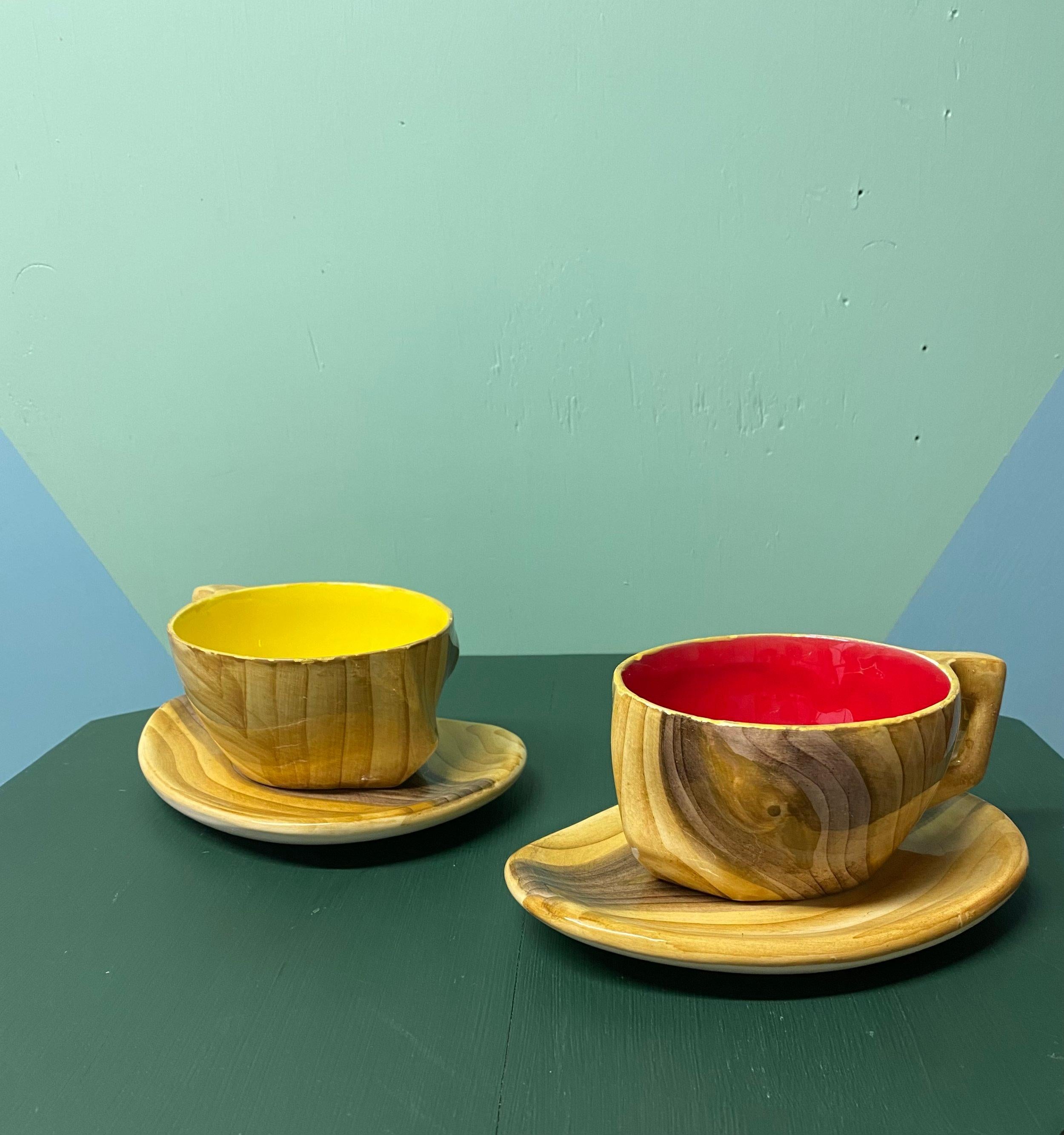 Spanish Red Yellow and Orange Faux Bois Cups and Saucers 1950s Grandjean Jourdan For Sale
