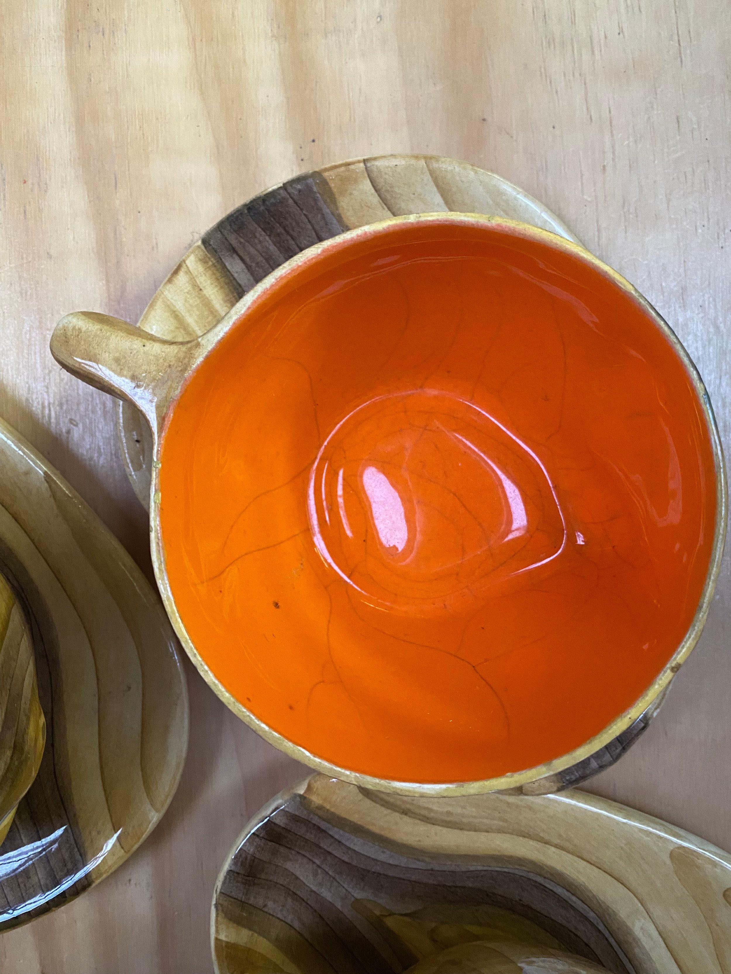 Mid-20th Century Red Yellow and Orange Faux Bois Cups and Saucers 1950s Grandjean Jourdan For Sale
