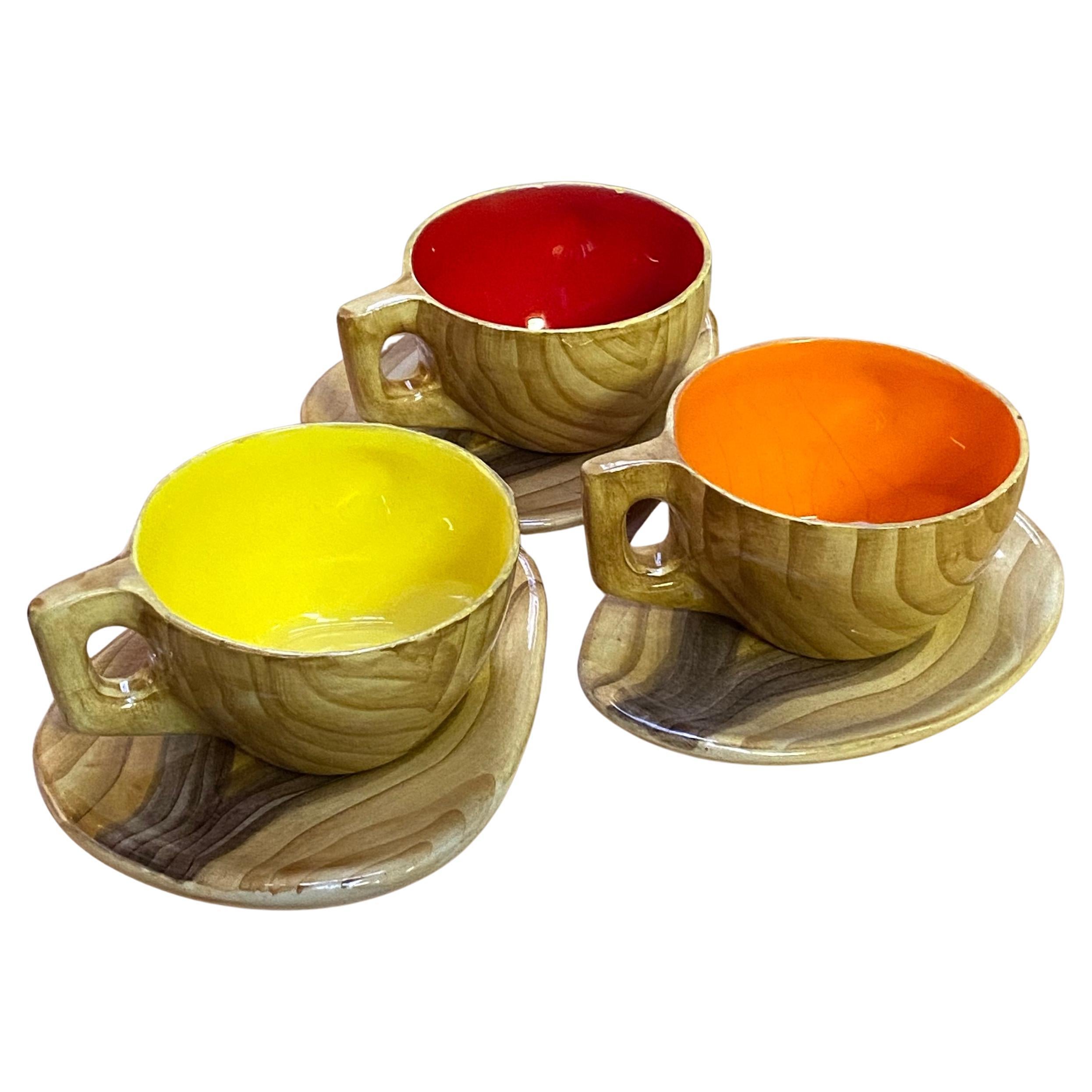 Red Yellow and Orange Faux Bois Cups and Saucers 1950s Grandjean Jourdan For Sale