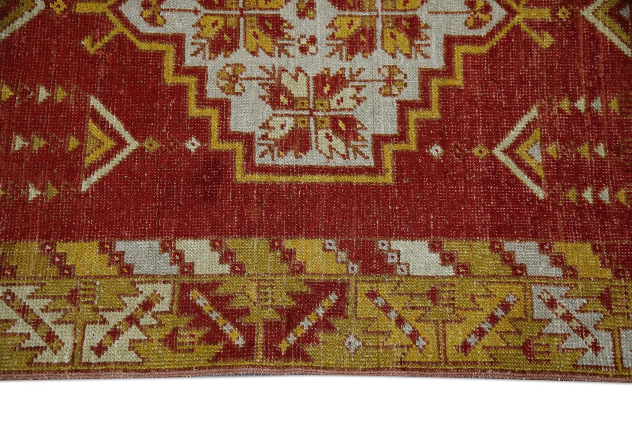Contemporary Red & Yellow Handwoven Wool Vintage Turkish Oushak Rug 3'2