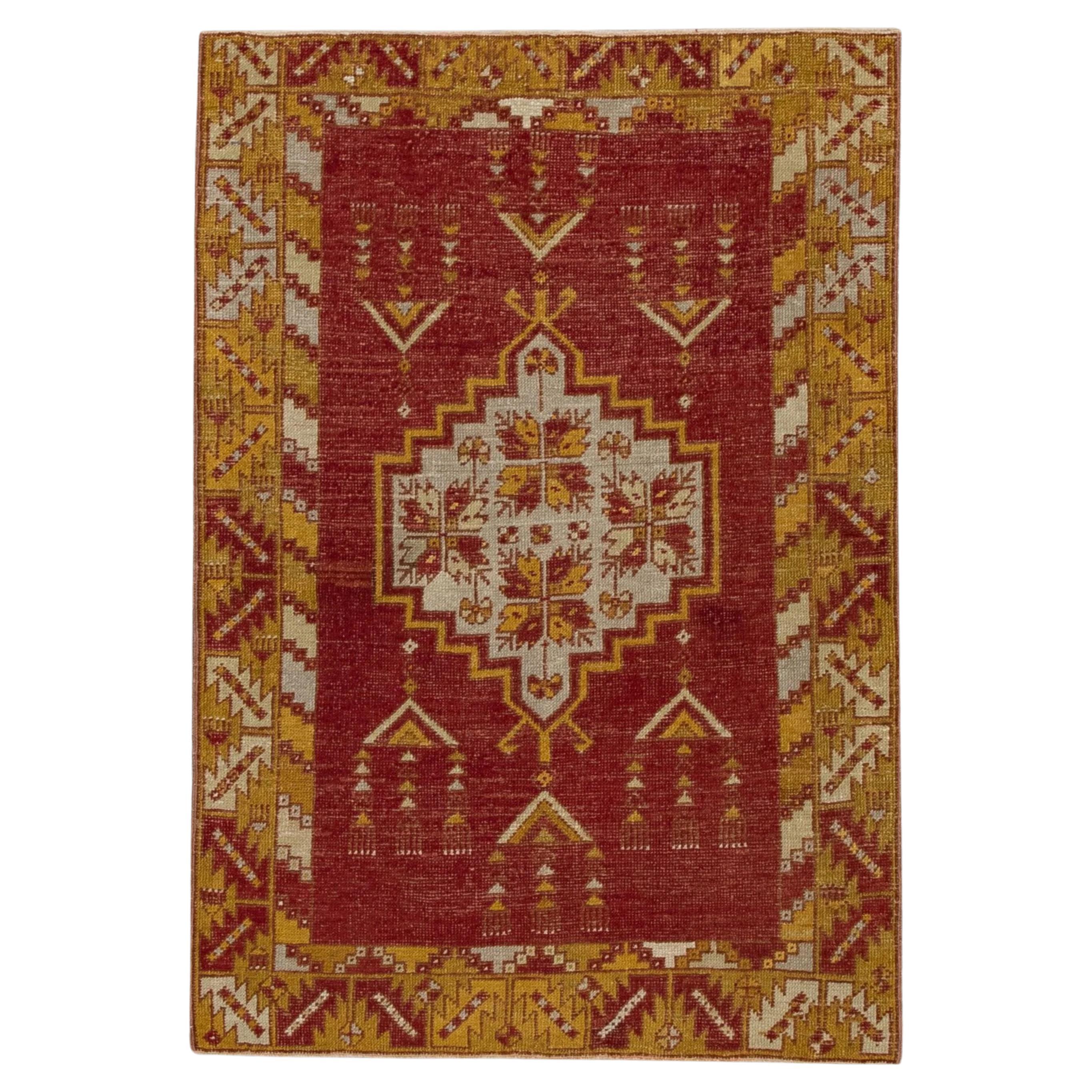 Red & Yellow Handwoven Wool Vintage Turkish Oushak Rug 3'2" x 4'5" For Sale