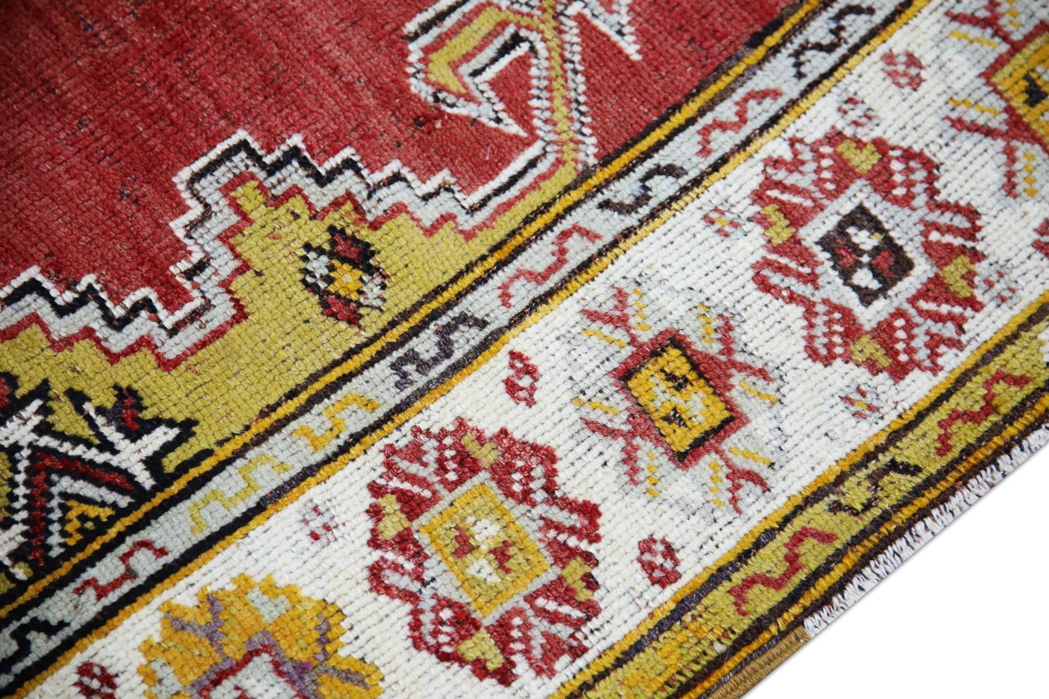 Red & Yellow Handwoven Wool Vintage Turkish Oushak Rug 3'5