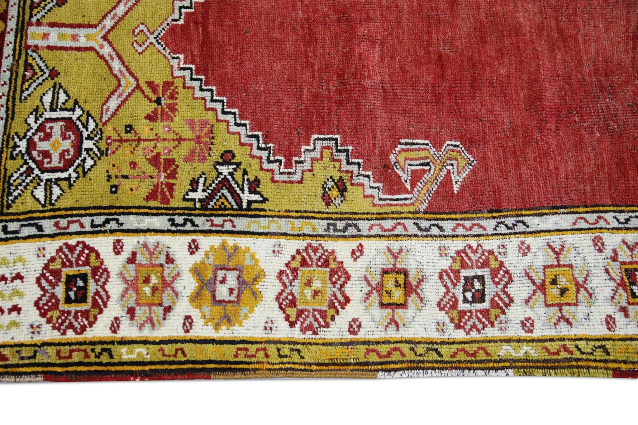 Contemporary Red & Yellow Handwoven Wool Vintage Turkish Oushak Rug 3'5