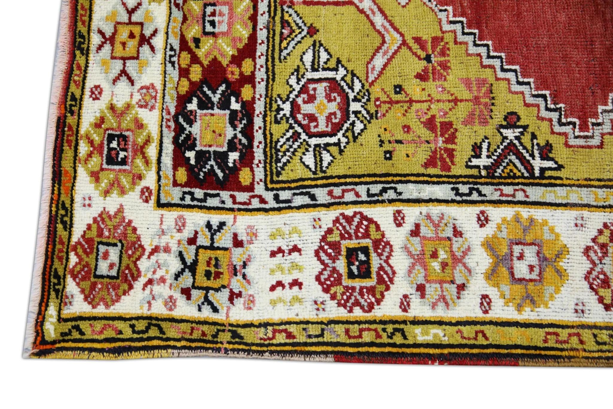 Red & Yellow Handwoven Wool Vintage Turkish Oushak Rug 3'5
