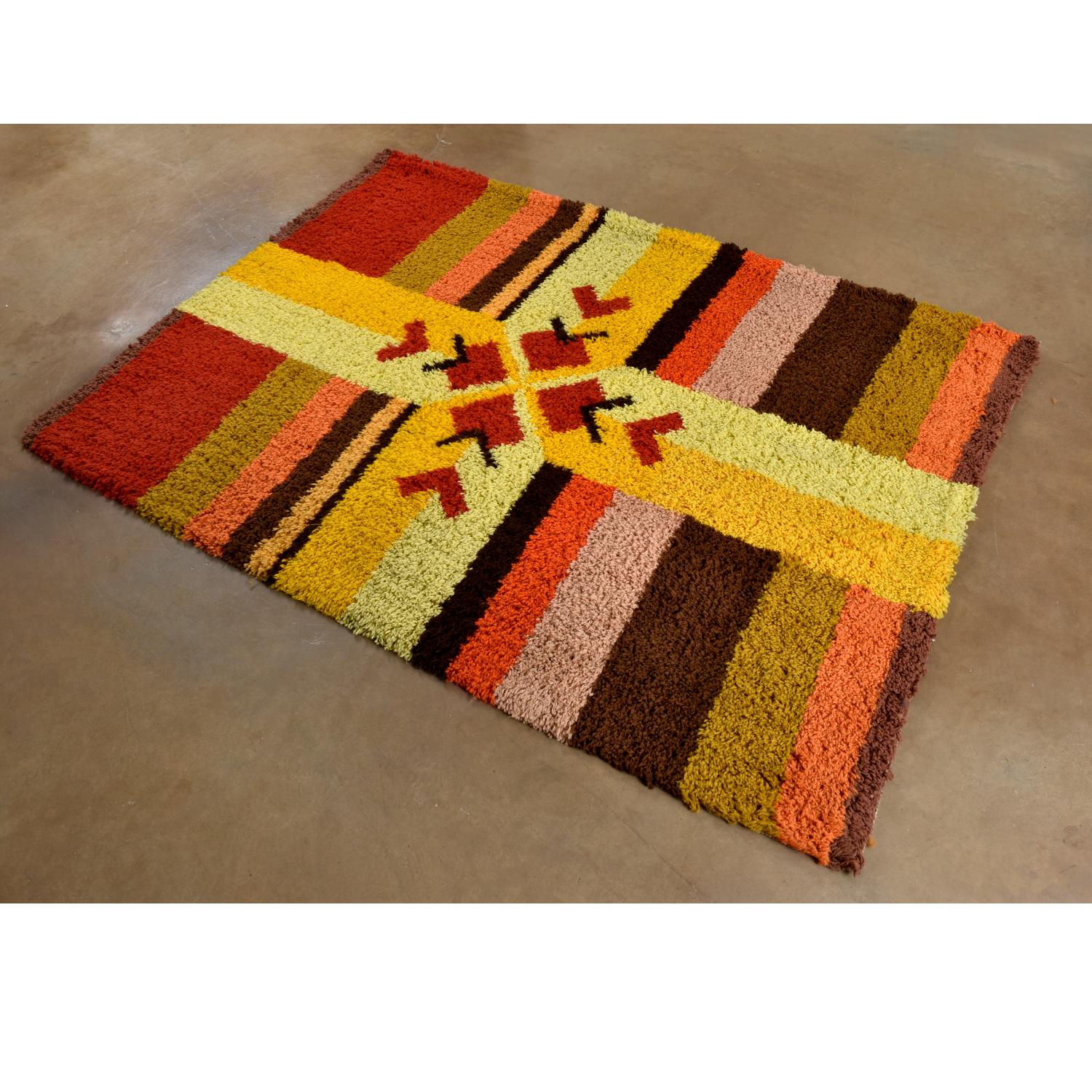 Modern Red Yellow Orange and Brown Vintage Rya Rug Wall Hanging For Sale