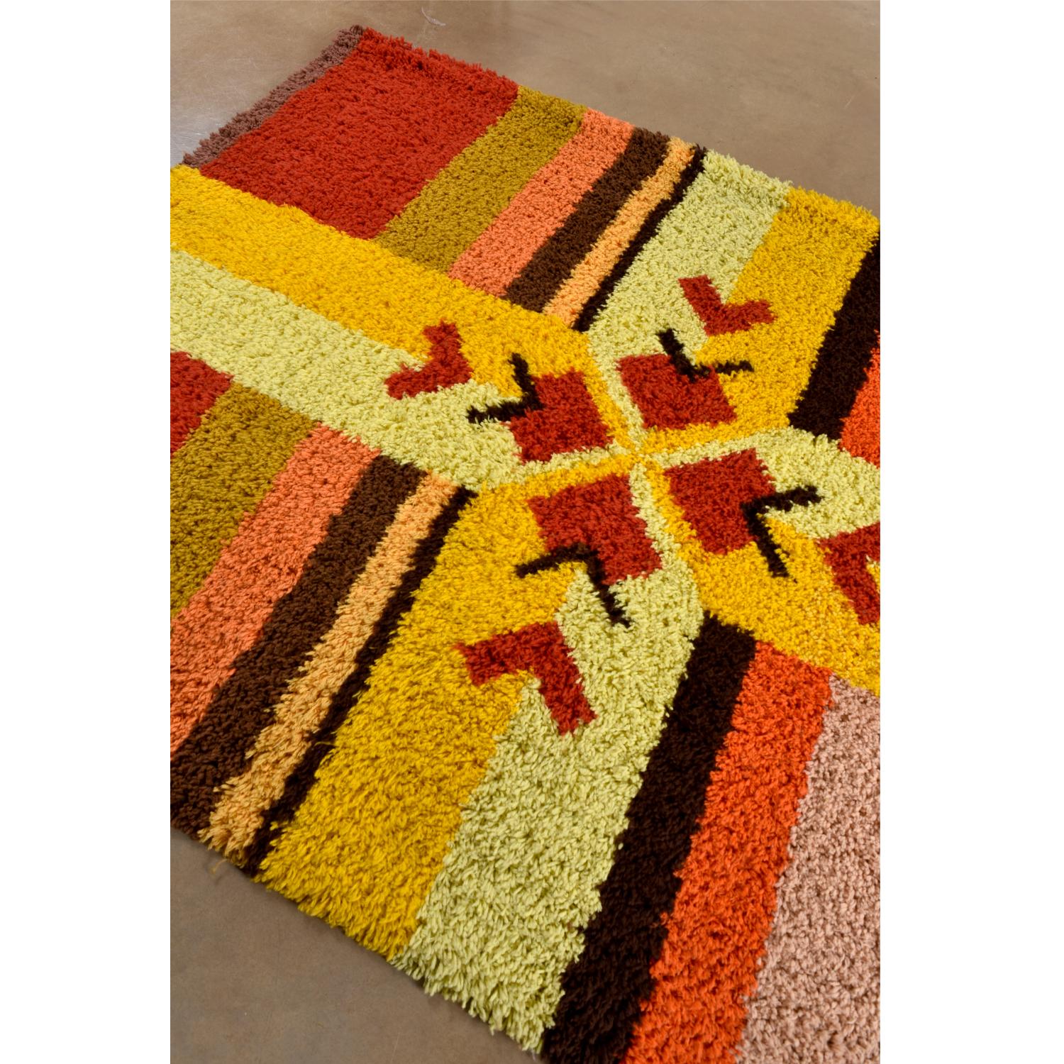 Late 20th Century Red Yellow Orange and Brown Vintage Rya Rug Wall Hanging For Sale