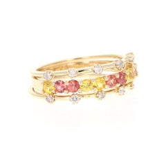 1.14 Carat Red and Yellow Sapphire Diamond 14 Karat Yellow Gold Stackable Bands