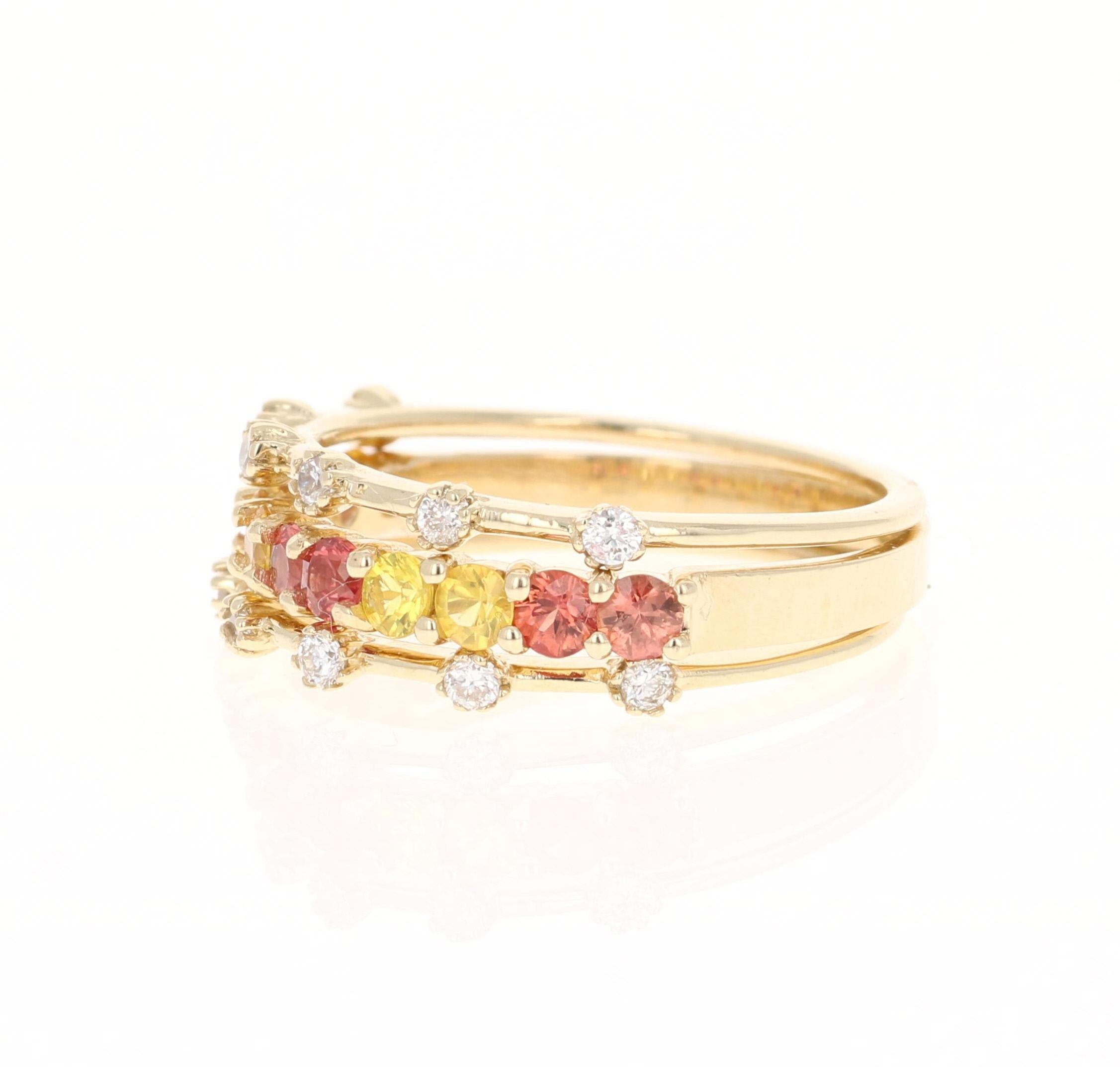 Modern 1.14 Carat Red and Yellow Sapphire Diamond 14 Karat Yellow Gold Stackable Bands For Sale