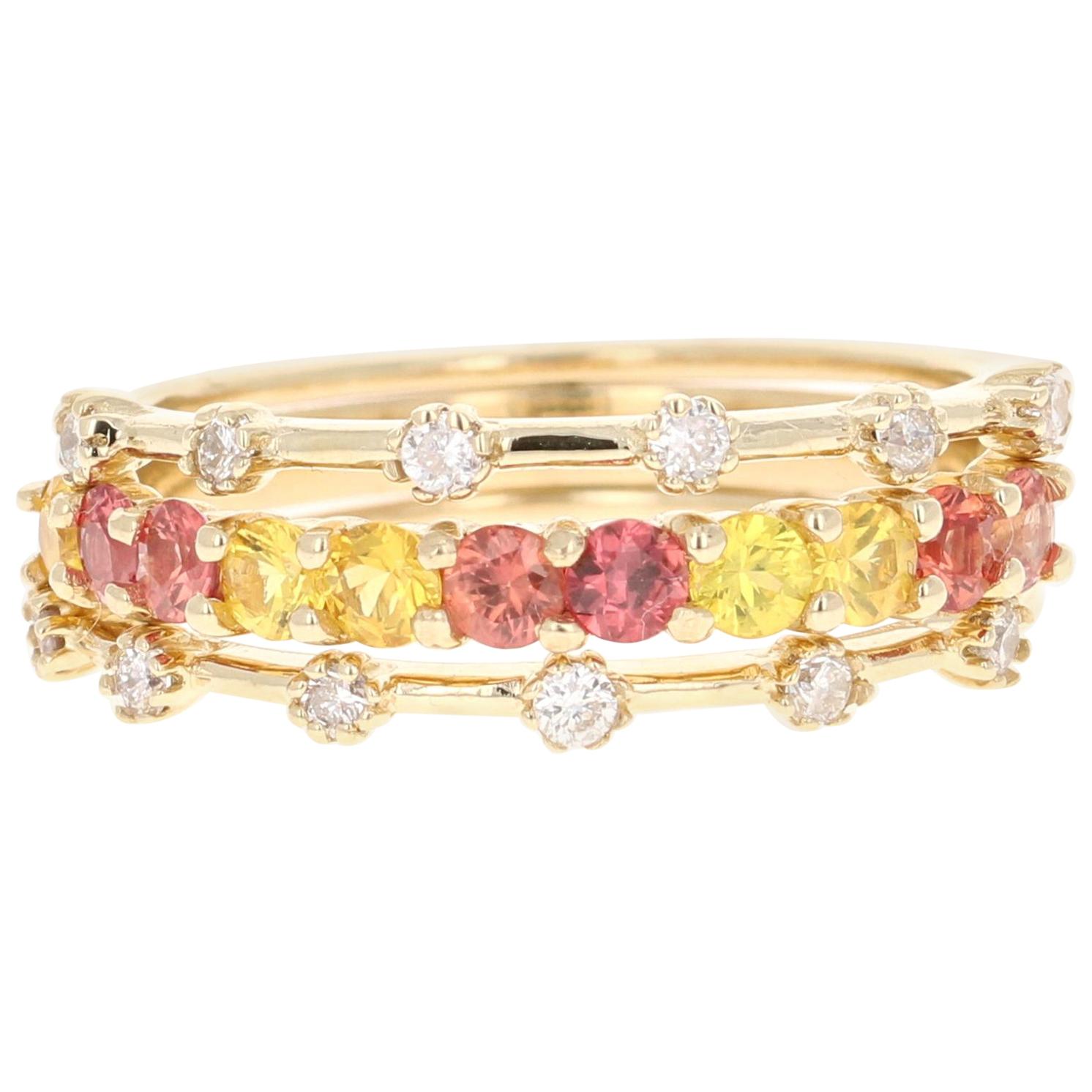 1.14 Carat Red and Yellow Sapphire Diamond 14 Karat Yellow Gold Stackable Bands