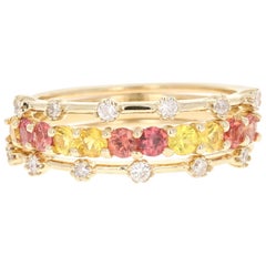 Vintage 1.14 Carat Red and Yellow Sapphire Diamond 14 Karat Yellow Gold Stackable Bands