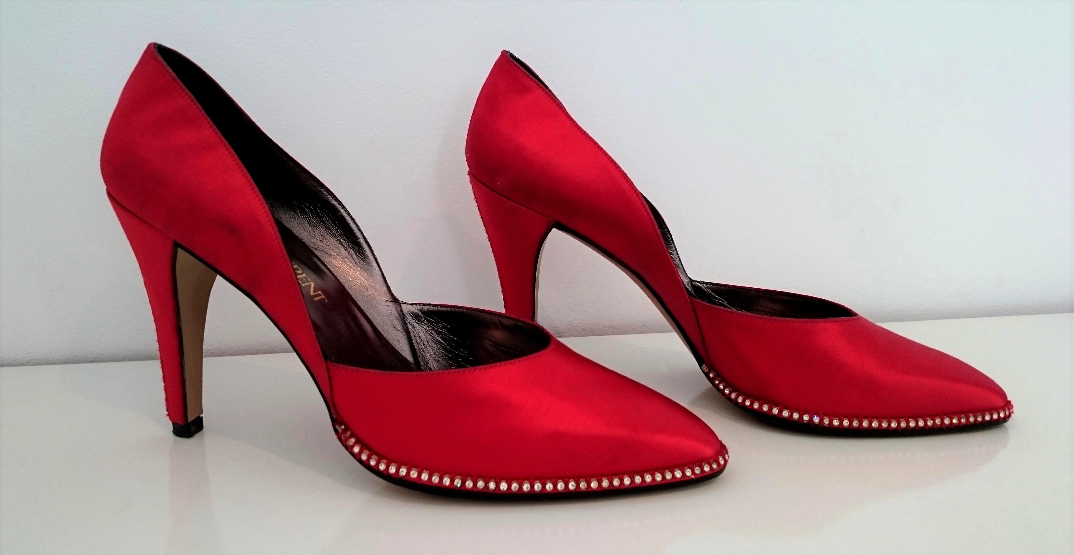 Women's Red Yves Saint Laurent Silk Heels Embroidered with Swarovski For Sale