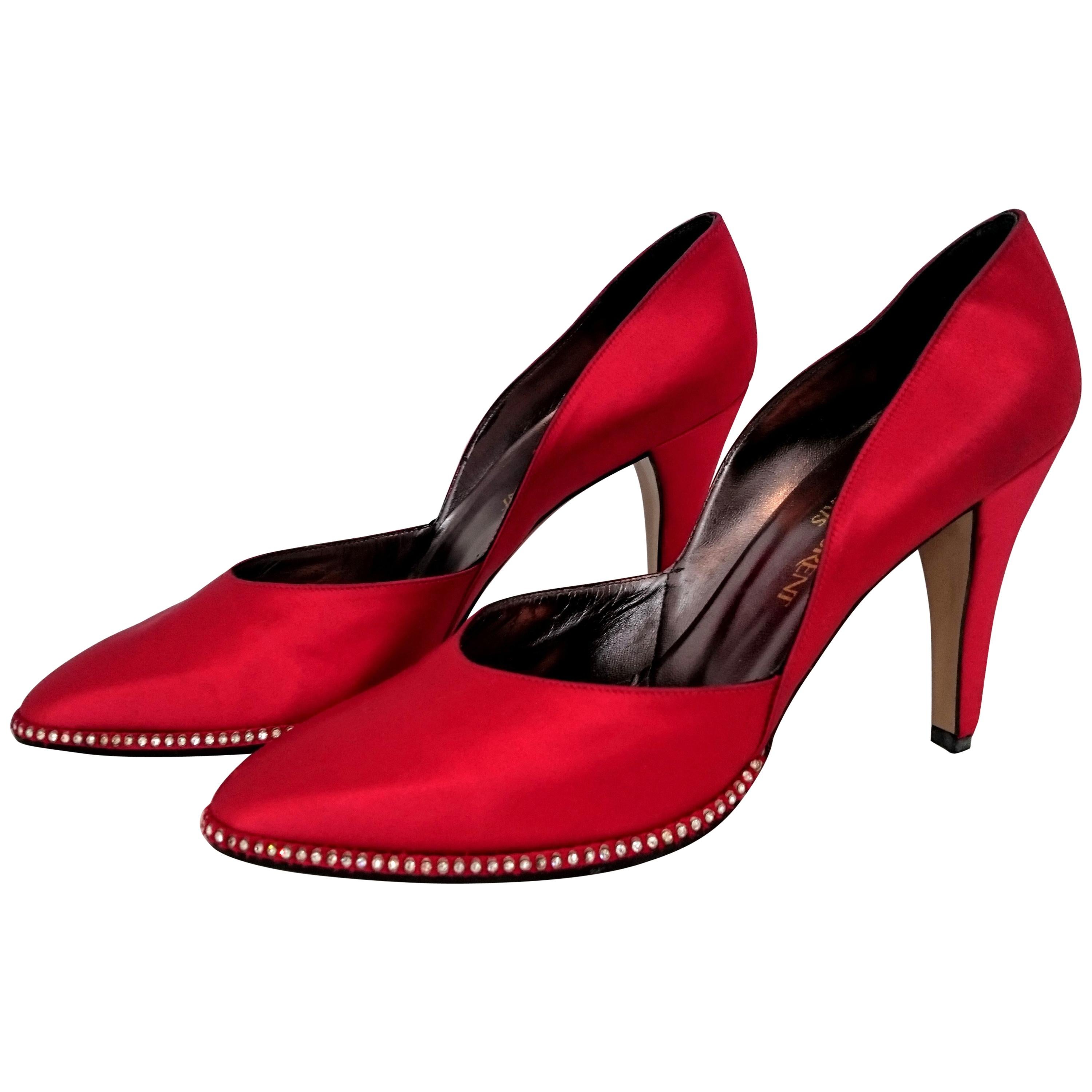Red Yves Saint Laurent Silk Heels Embroidered with Swarovski For Sale