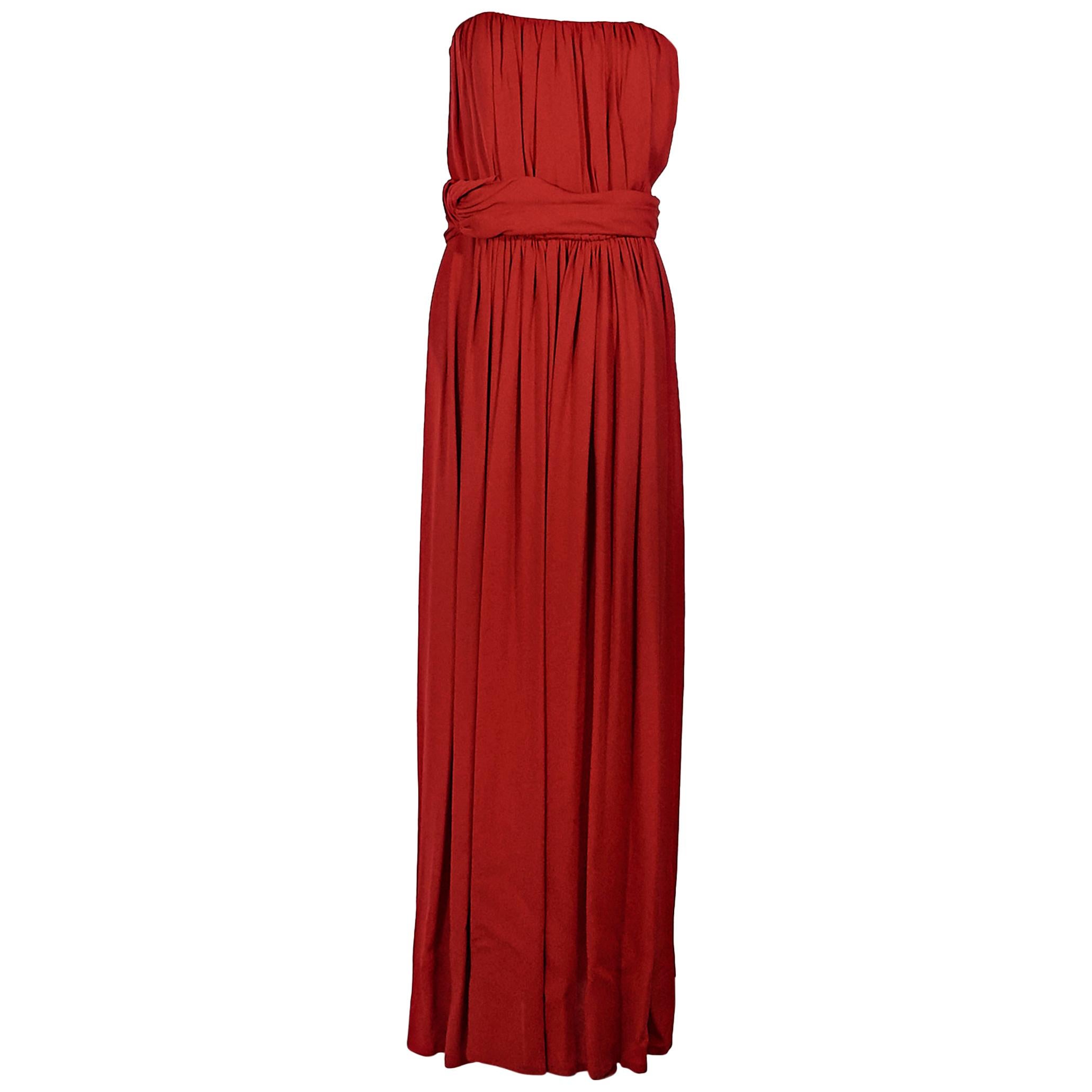 Red Yves Saint Laurent Strapless Ruched Gown