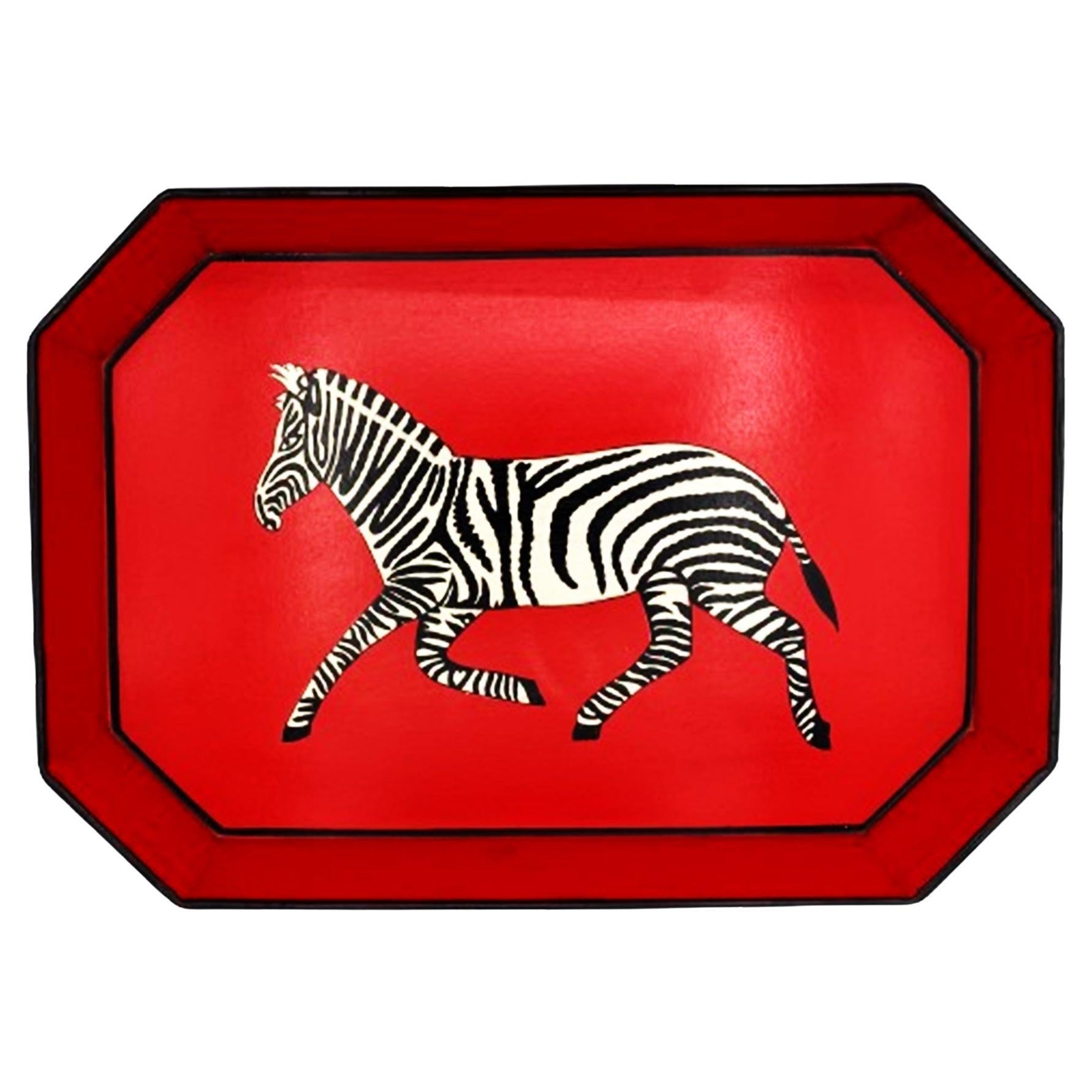 Red Zebra Handpainted Iron Tray For Sale