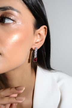 Red Zirconia Linear Drop Earrings for Engagement Gift for Her in Sterling Silver