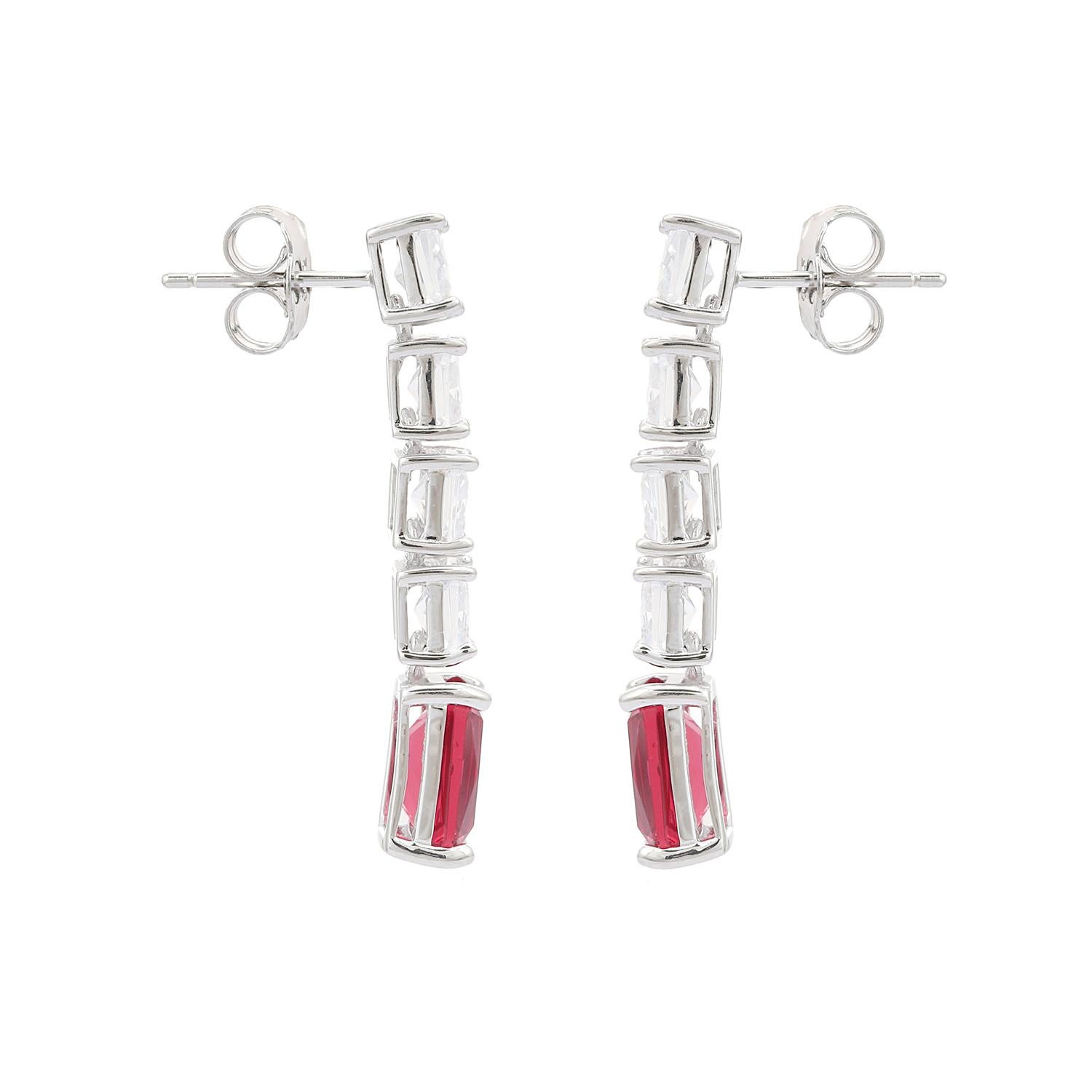 Red Zirconia Linear Drop Earrings for Engagement Gift for Her in Sterling Silver In New Condition For Sale In New York, NY