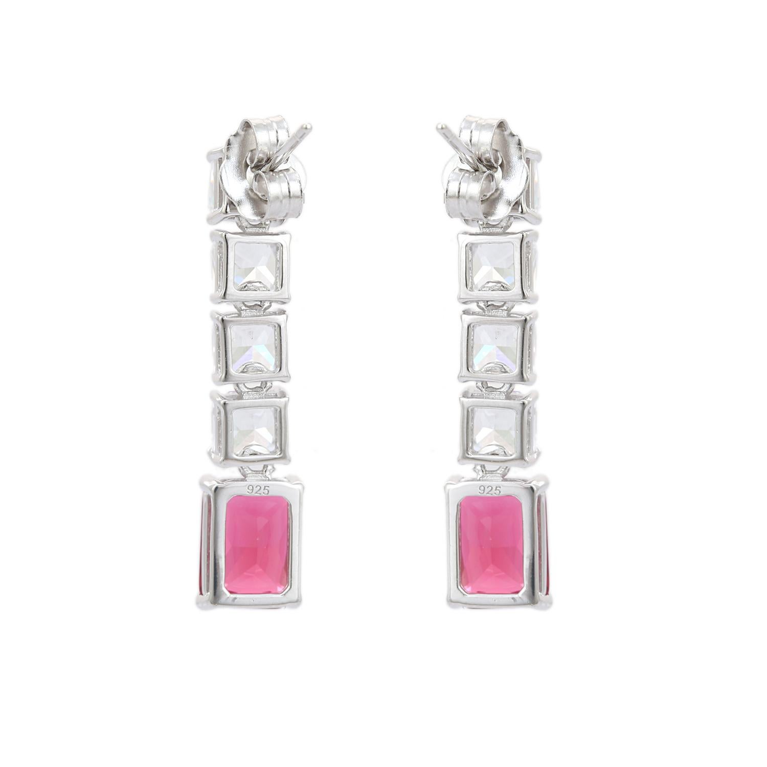 Red Zirconia Linear Drop Earrings for Engagement Gift for Her in Sterling Silver For Sale 1