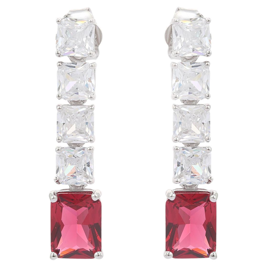 Red Zirconia Linear Drop Earrings for Engagement Gift for Her in Sterling Silver For Sale