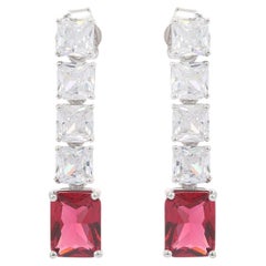 Red Zirconia Linear Drop Earrings for Engagement Gift for Her in Sterling Silver