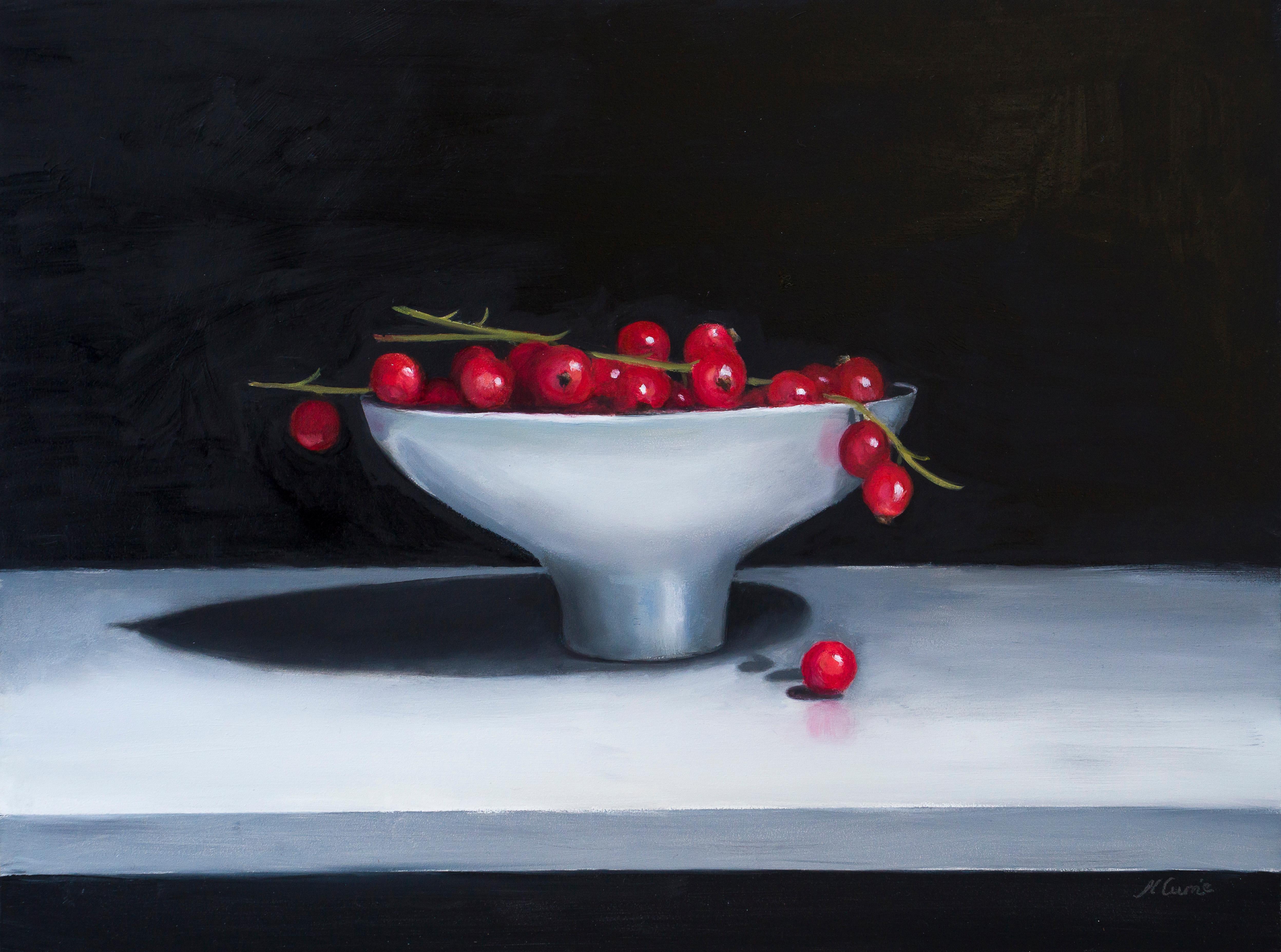 English Redcurrents in a Ceramic Bowl, Still Life Oil Painting For Sale