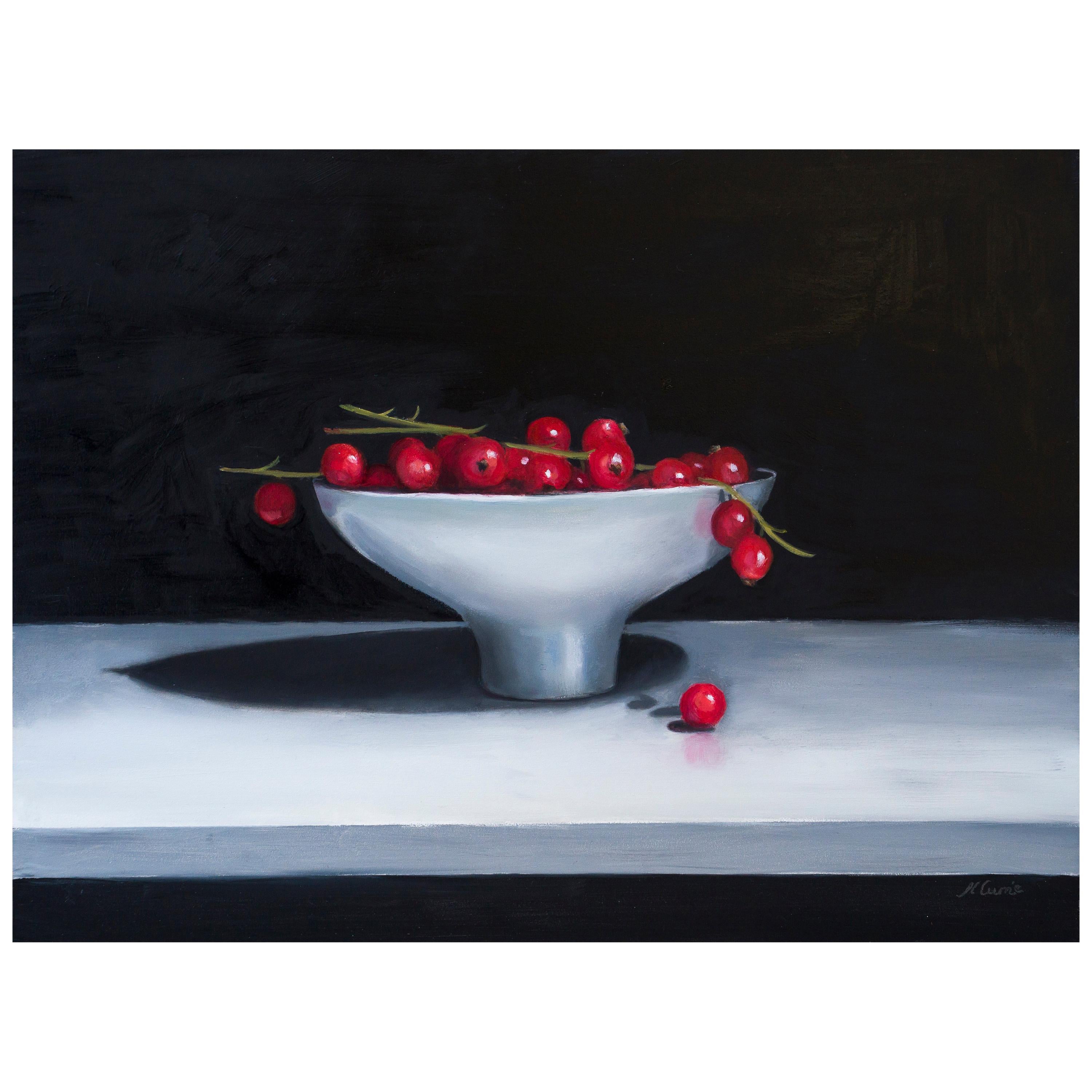 Redcurrents in a Ceramic Bowl, Still Life Oil Painting For Sale
