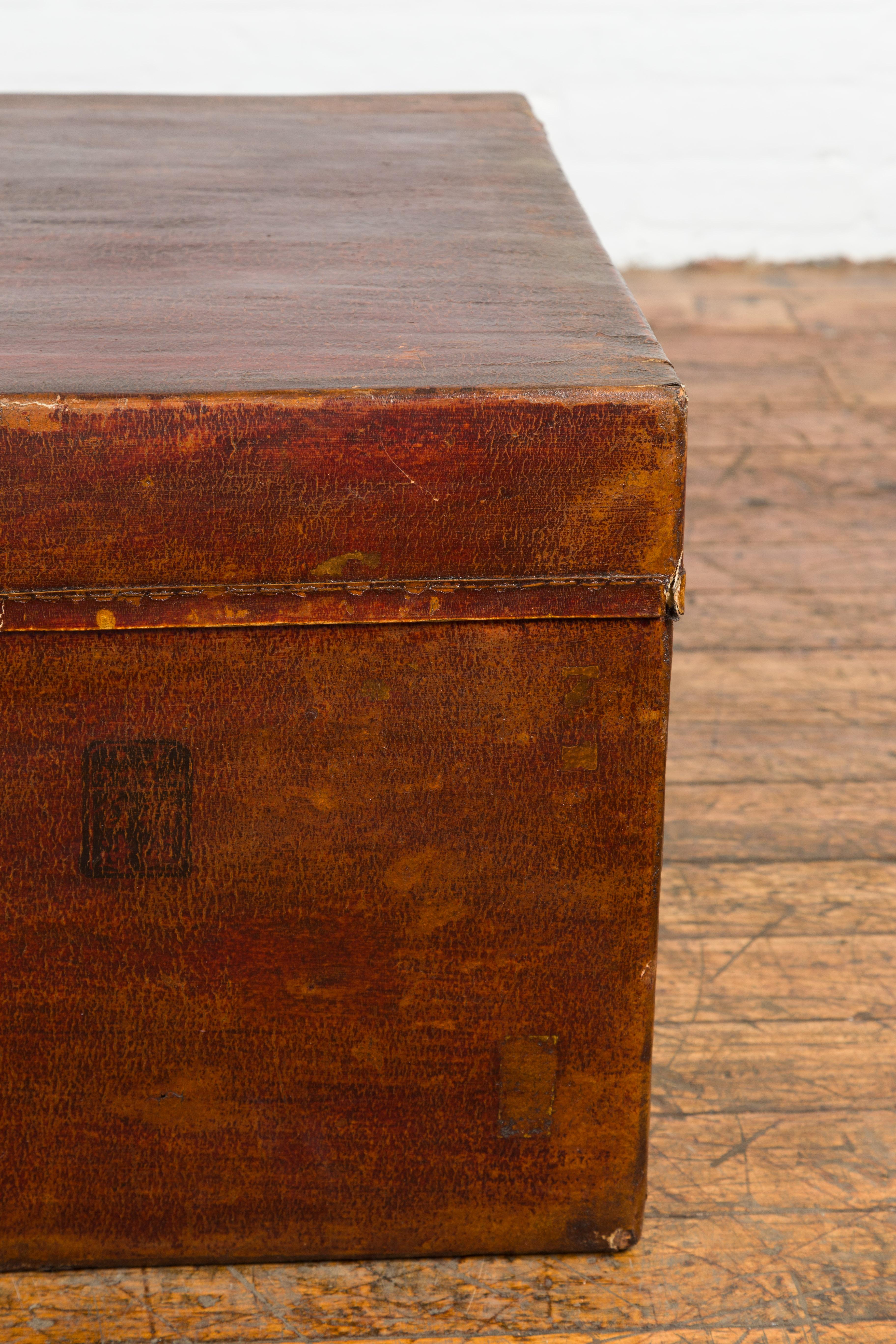 Reddish Brown Leather Bound Trunk or Coffee Table with Brass Hardware For Sale 4