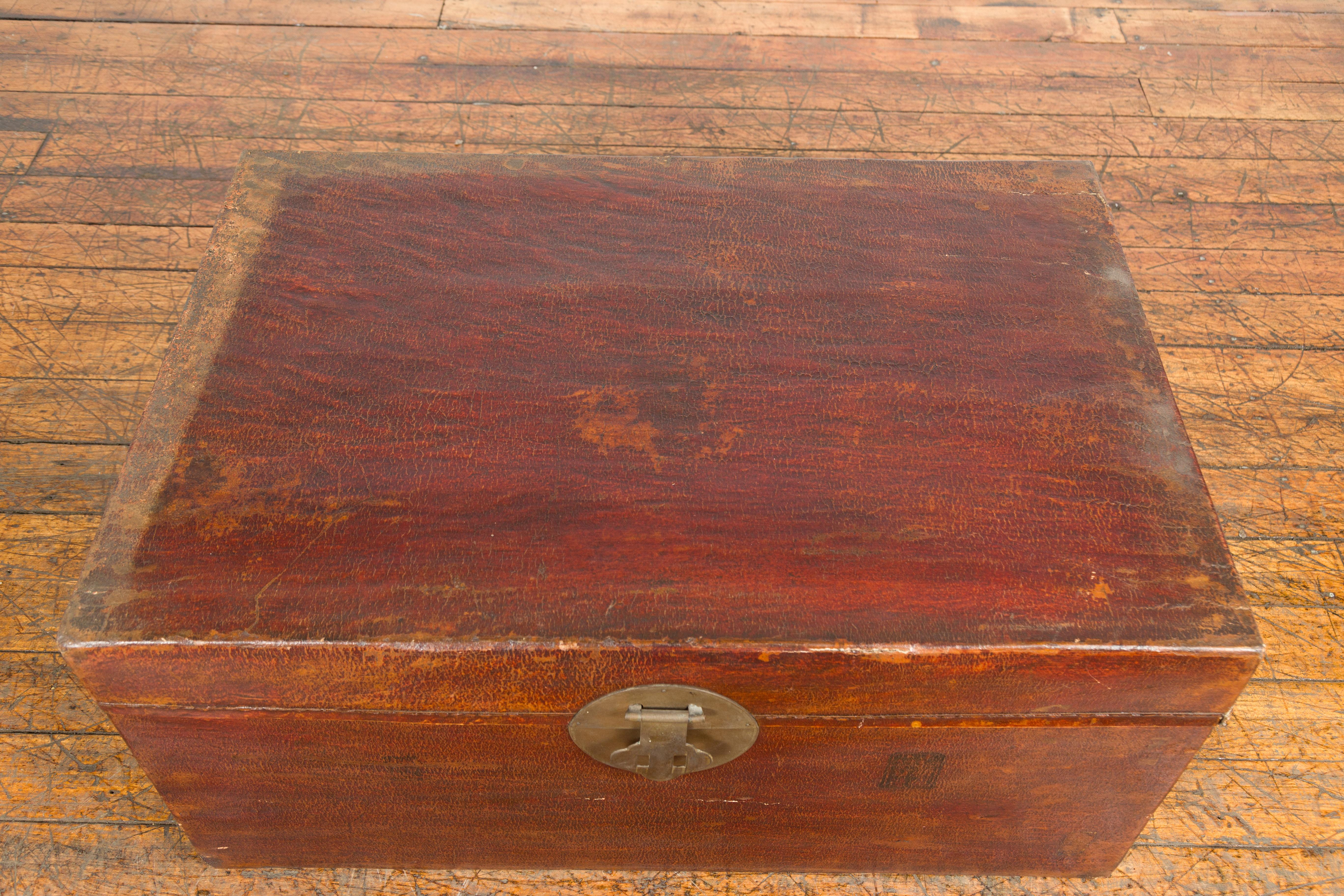 Reddish Brown Leather Bound Trunk or Coffee Table with Brass Hardware For Sale 5