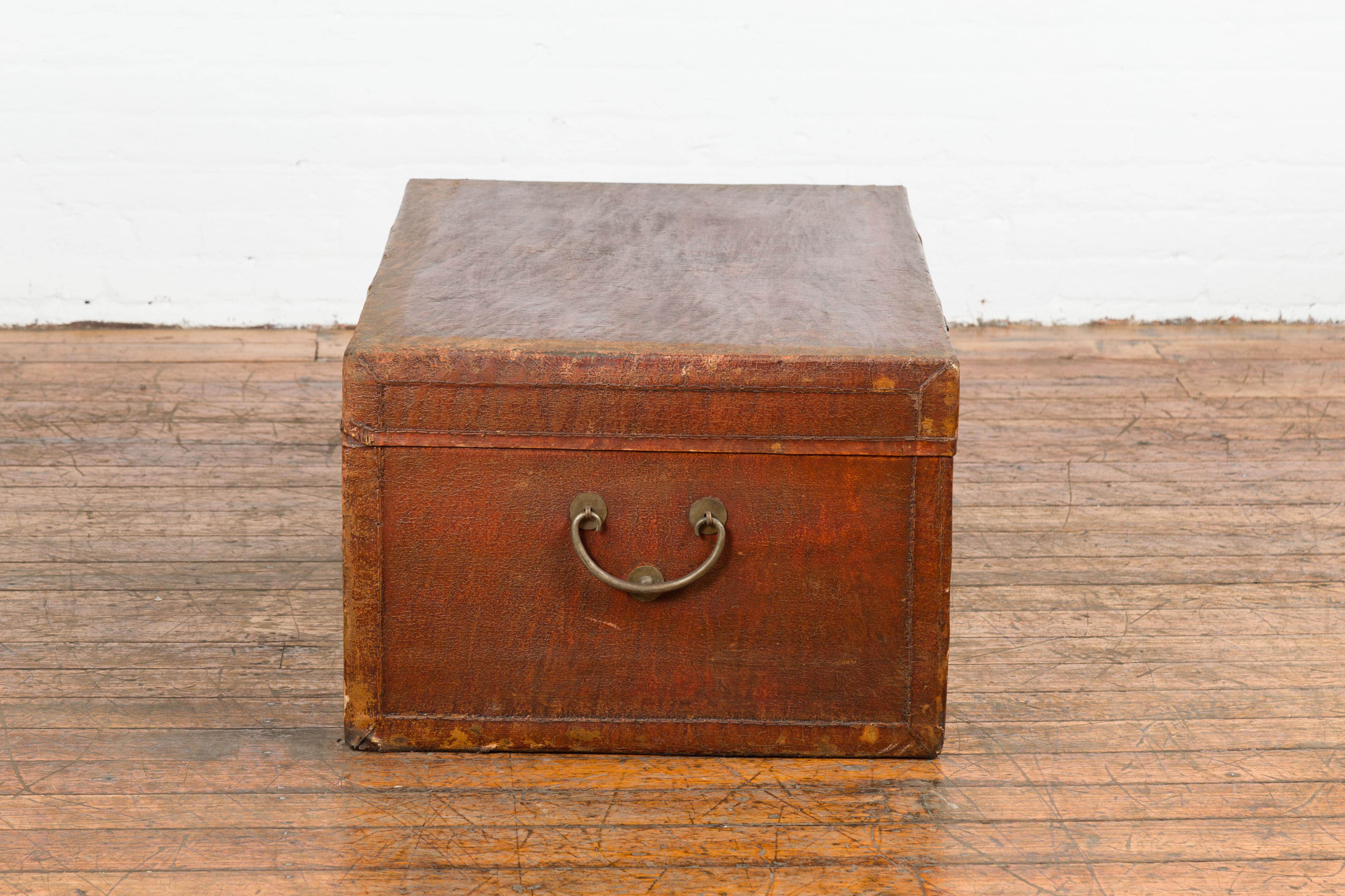 Reddish Brown Leather Bound Trunk or Coffee Table with Brass Hardware For Sale 9