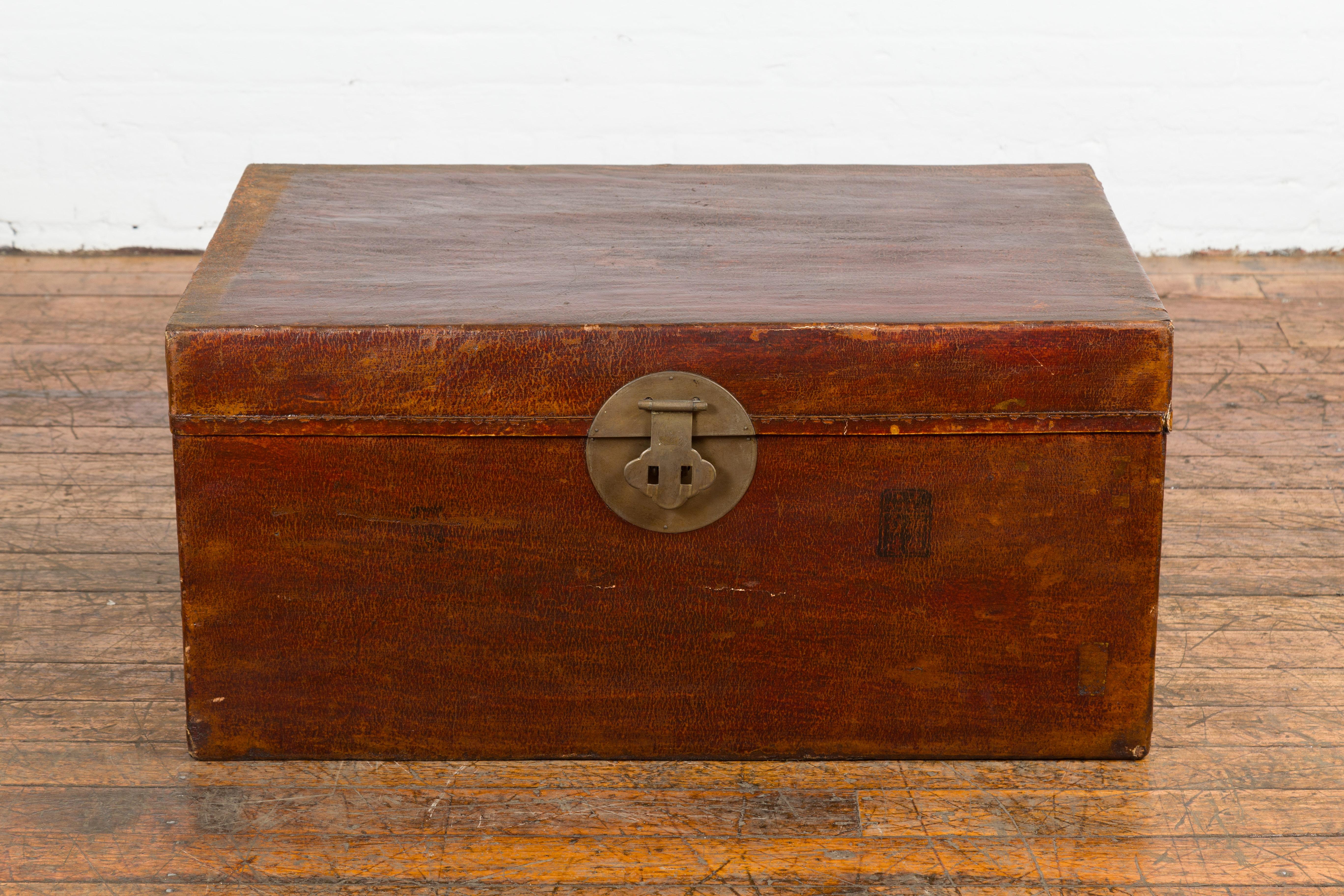 Chinese Reddish Brown Leather Bound Trunk or Coffee Table with Brass Hardware For Sale