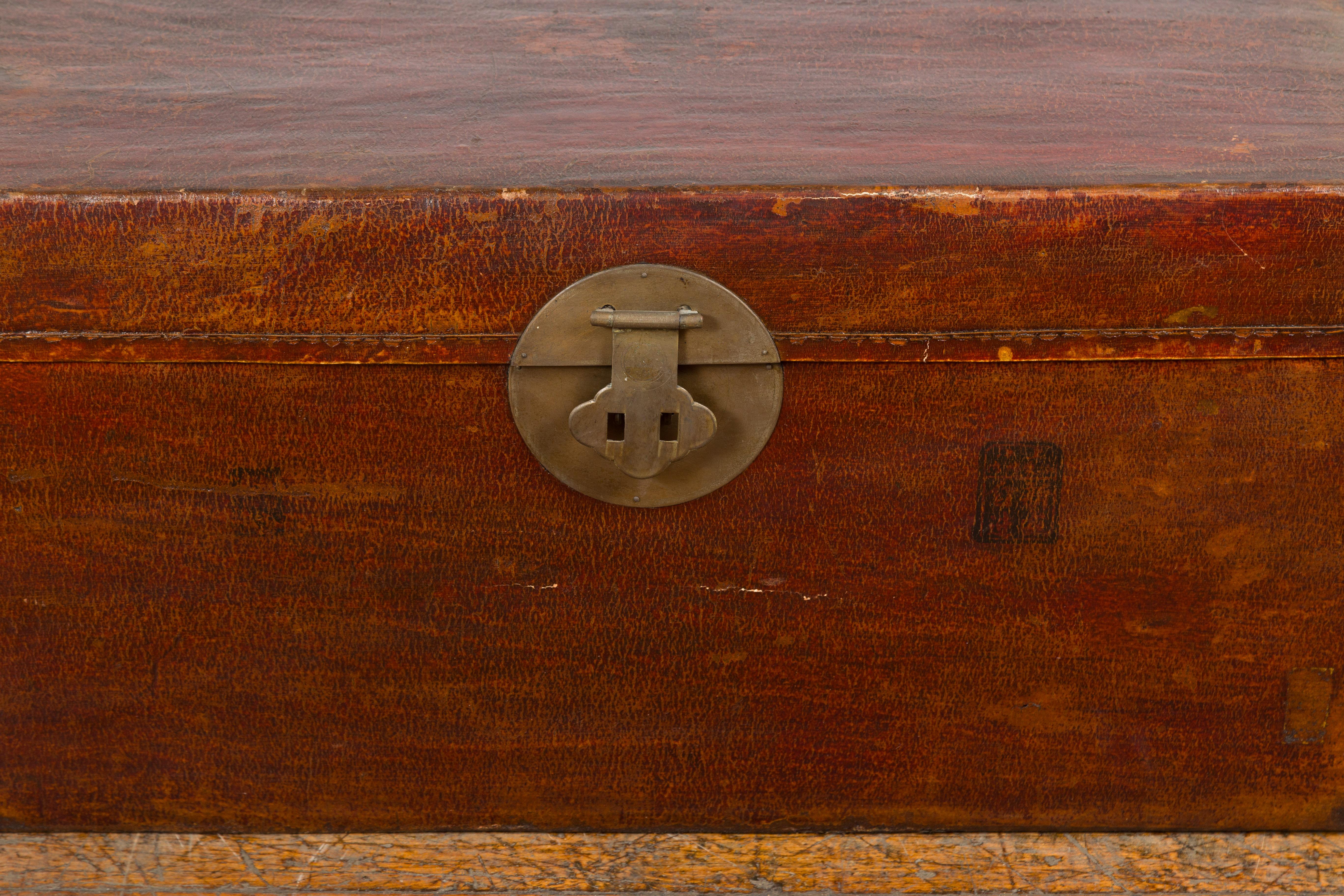 Reddish Brown Leather Bound Trunk or Coffee Table with Brass Hardware For Sale 1