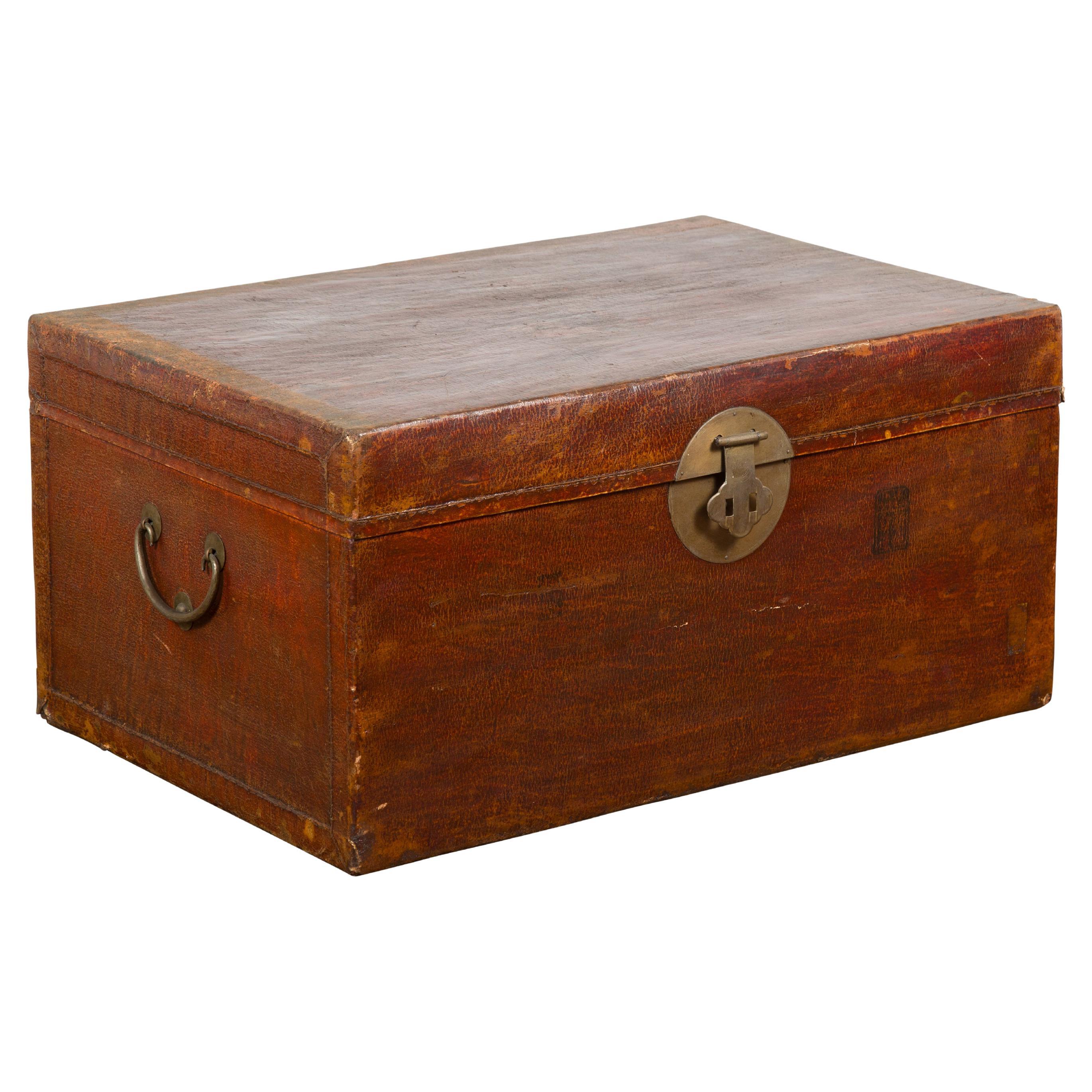 Reddish Brown Leather Bound Trunk or Coffee Table with Brass Hardware For Sale