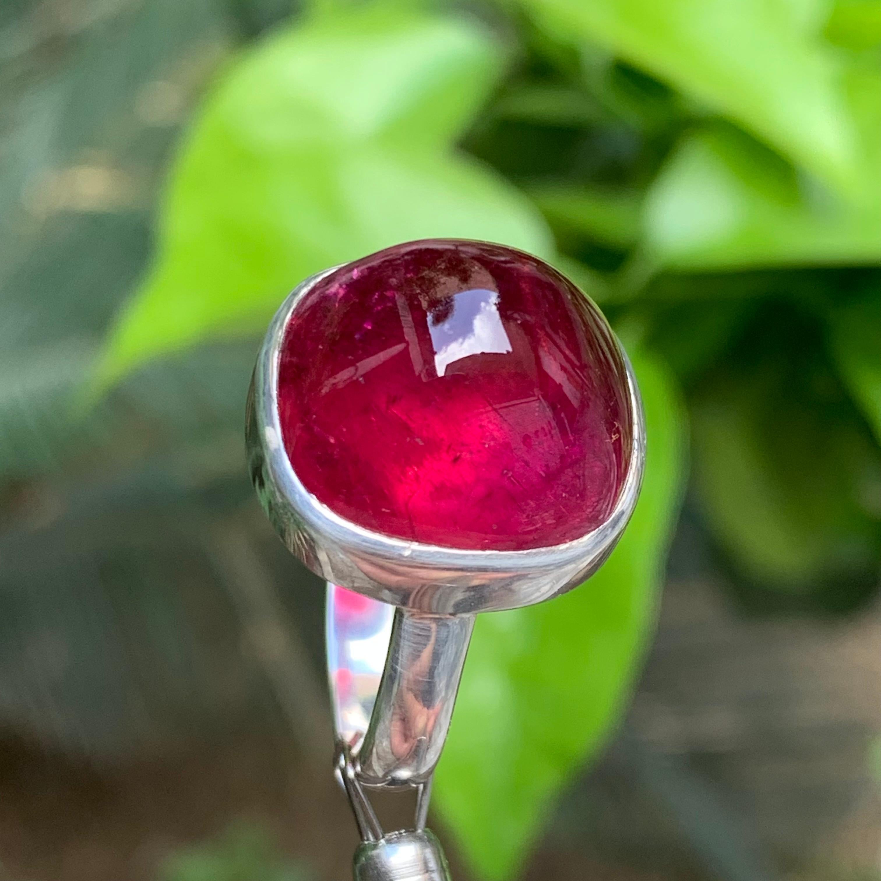 Reddish Pink Rubellite Tourmaline Sugarloaf Cabochon Gemstone Silver Ring-9.5 US For Sale 5