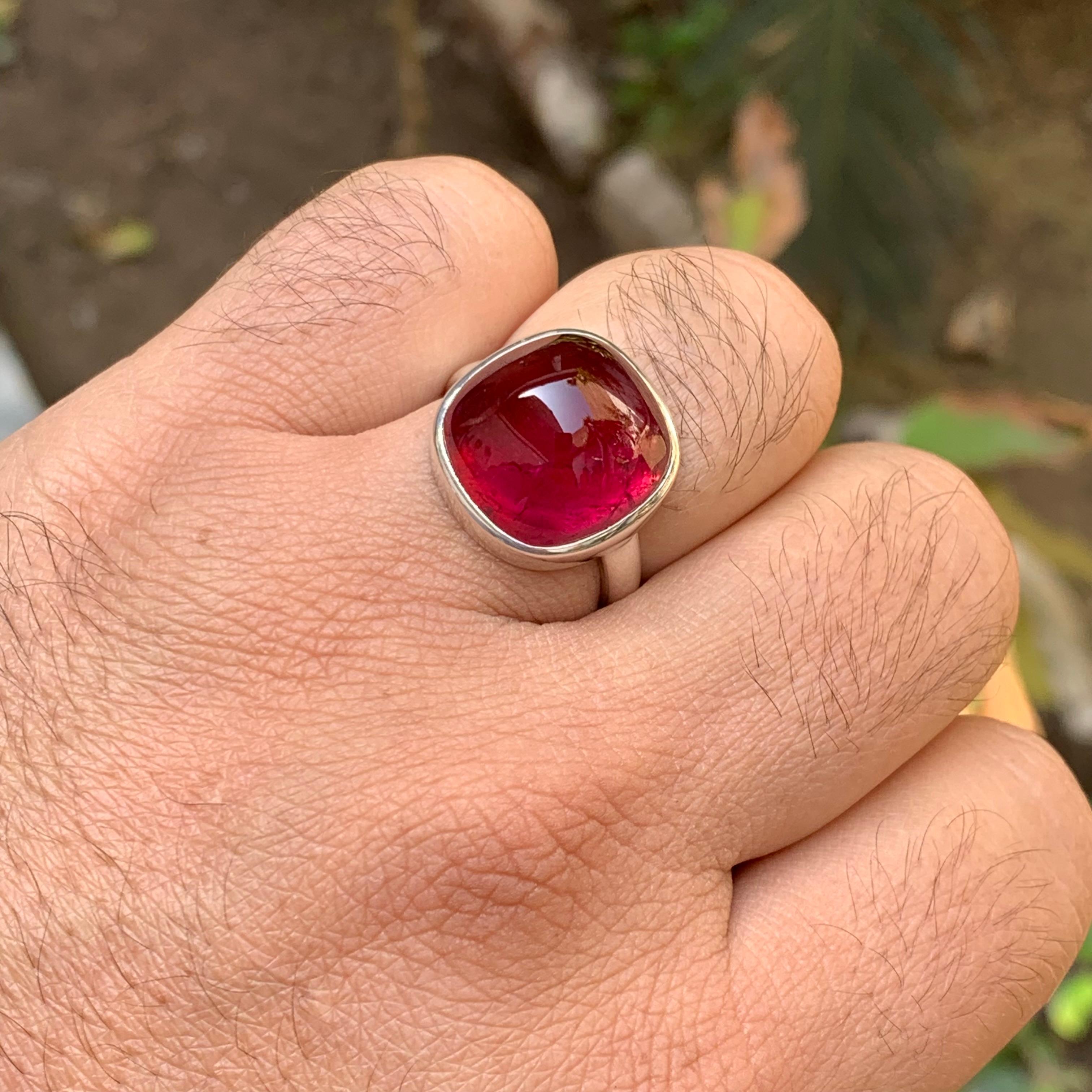 Reddish Pink Rubellite Tourmaline Sugarloaf Cabochon Gemstone Silver Ring-9.5 US For Sale 6