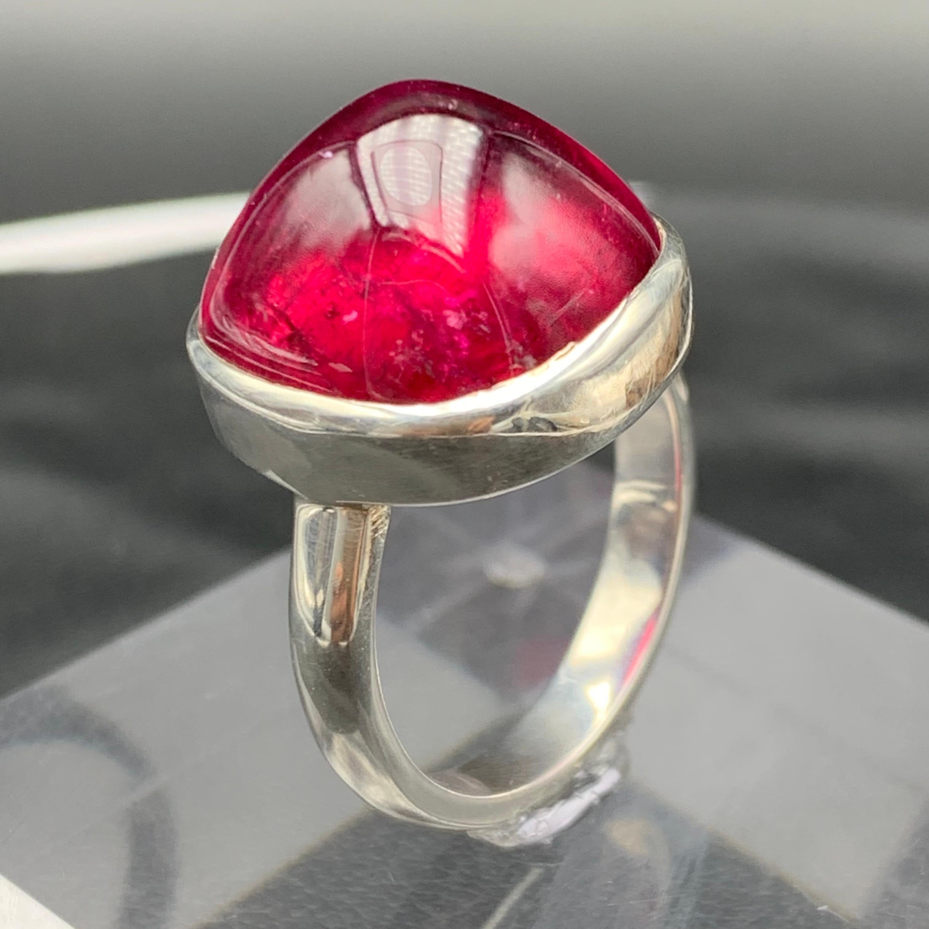 Reddish Pink Rubellite Tourmaline Sugarloaf Cabochon Gemstone Silver Ring-9.5 US For Sale 9