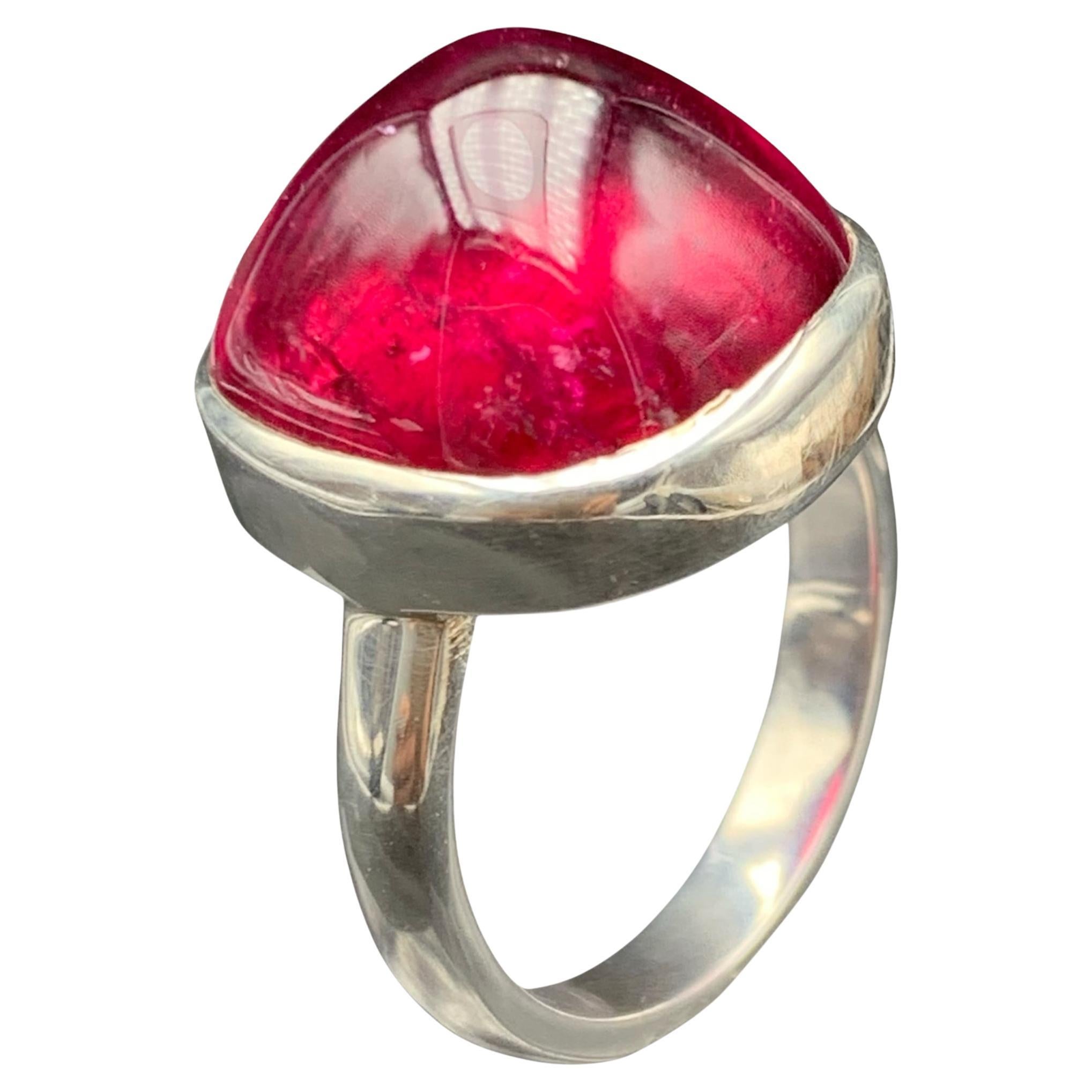Reddish Pink Rubellite Tourmaline Sugarloaf Cabochon Gemstone Silver Ring-9.5 US