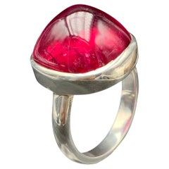 Reddish Pink Rubellite Tourmaline Sugarloaf Cabochon Gemstone Silver Ring-9.5 US
