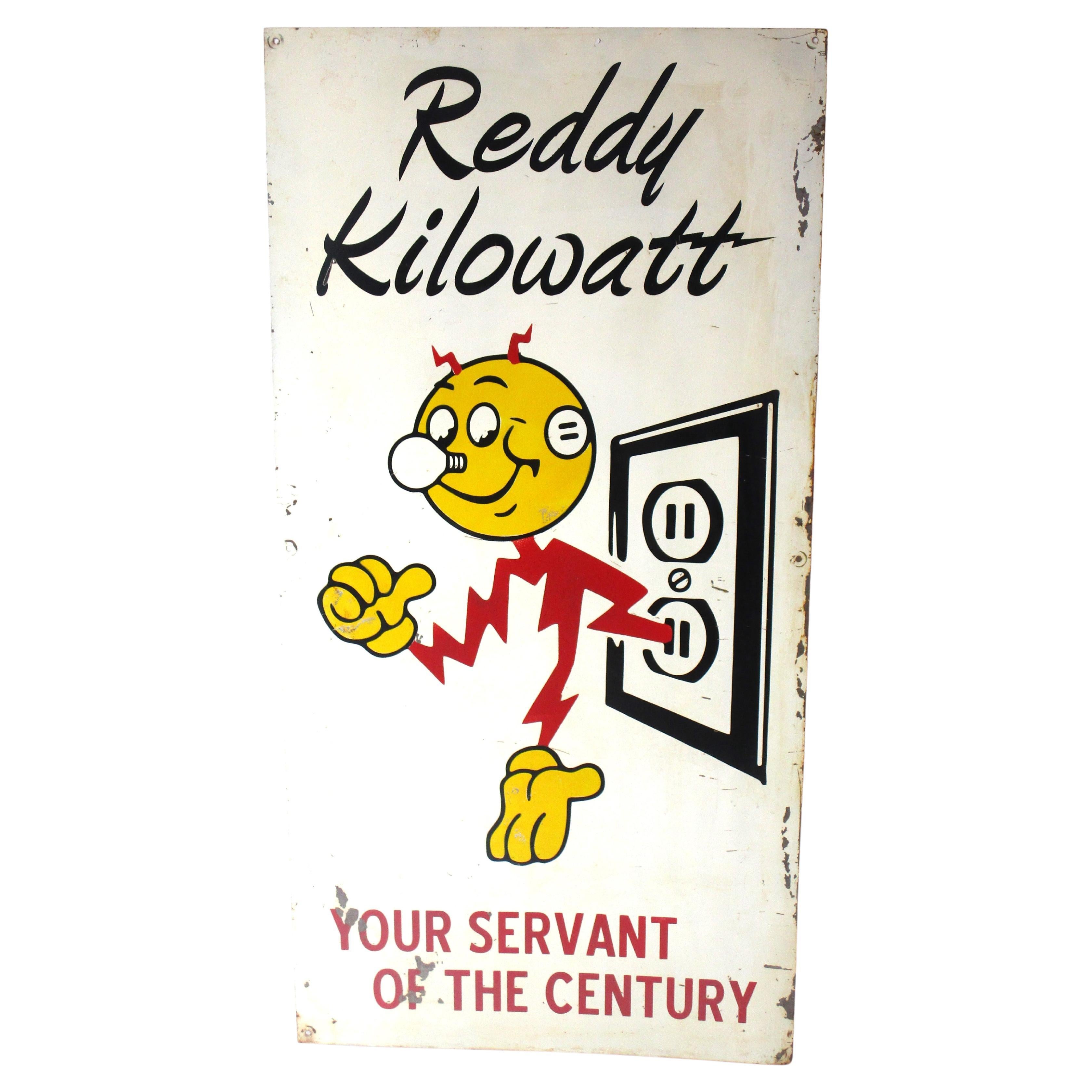 A great iconic Mid Century Reddy Kilowatt screen printed metal sign in a perfect size which is not to big but not too small. A colorful Reddy coming out of a wall plug stating 