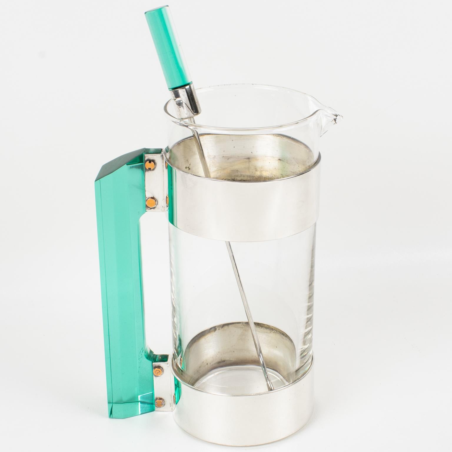 Mid-Century Modern Rede Guzzini Silver Plate and Lucite Martini Cocktail Pitcher Barware Set For Sale