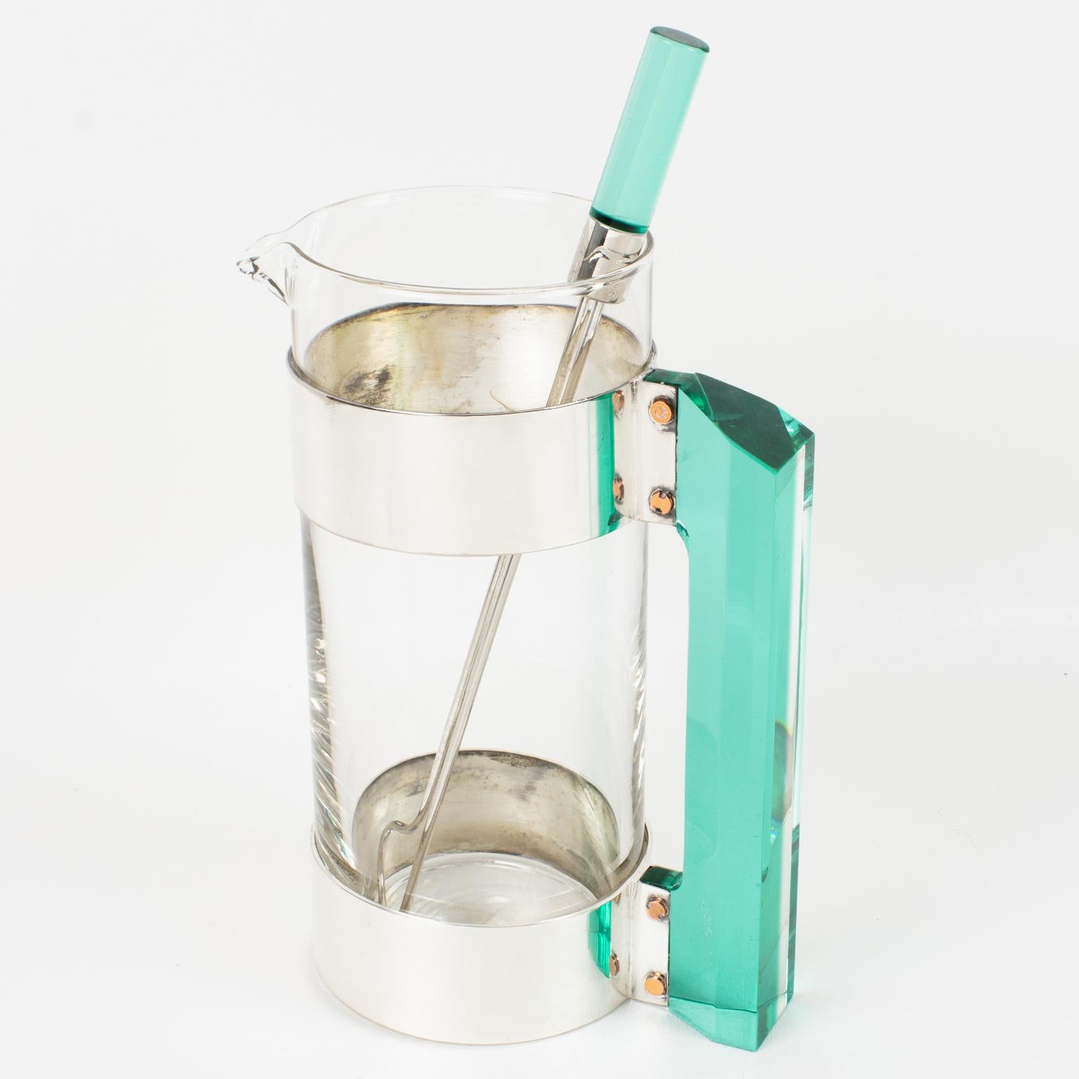 Italian Rede Guzzini Silver Plate and Lucite Martini Cocktail Pitcher Barware Set For Sale