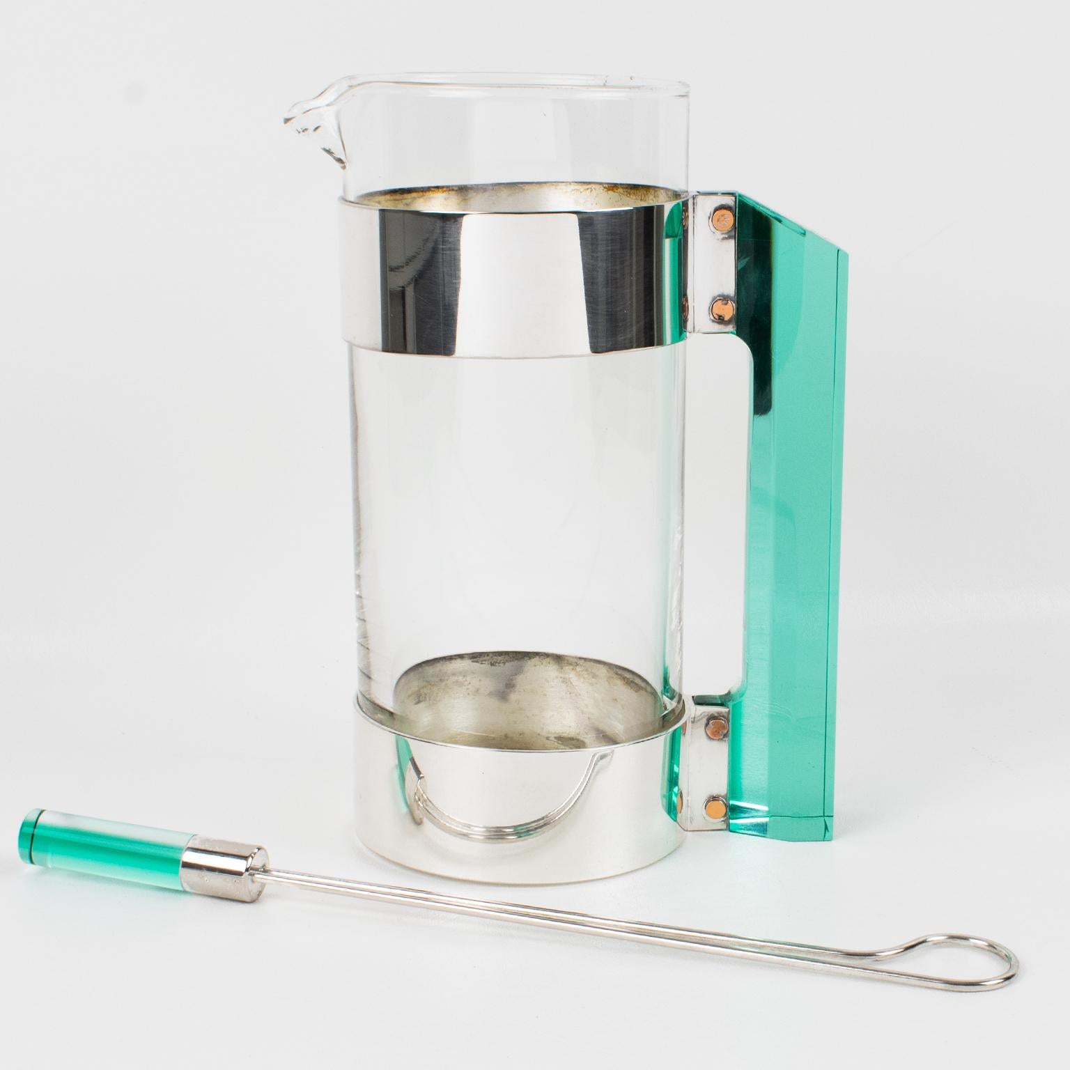 Metal Guzzini Barware Silver Plate and Lucite Martini Cocktail Pitcher, circa 1970 For Sale