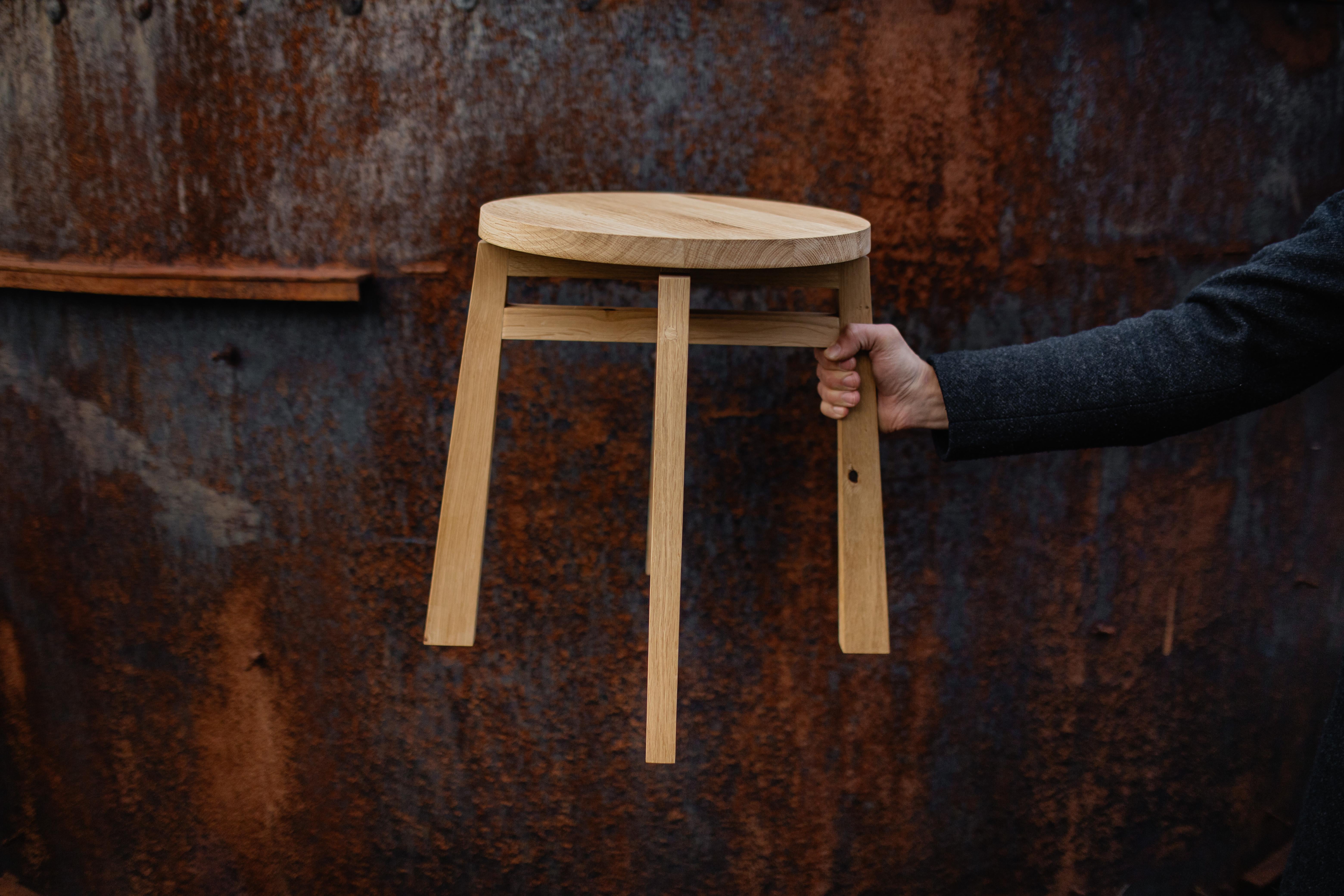 This stool is hand made in hard wood that is sustainably sourced, covered with a natural oil to bring out the woods natural colors and grains. 

These furniture pieces were created to be able to mentor and teach people on, but also to still be a
